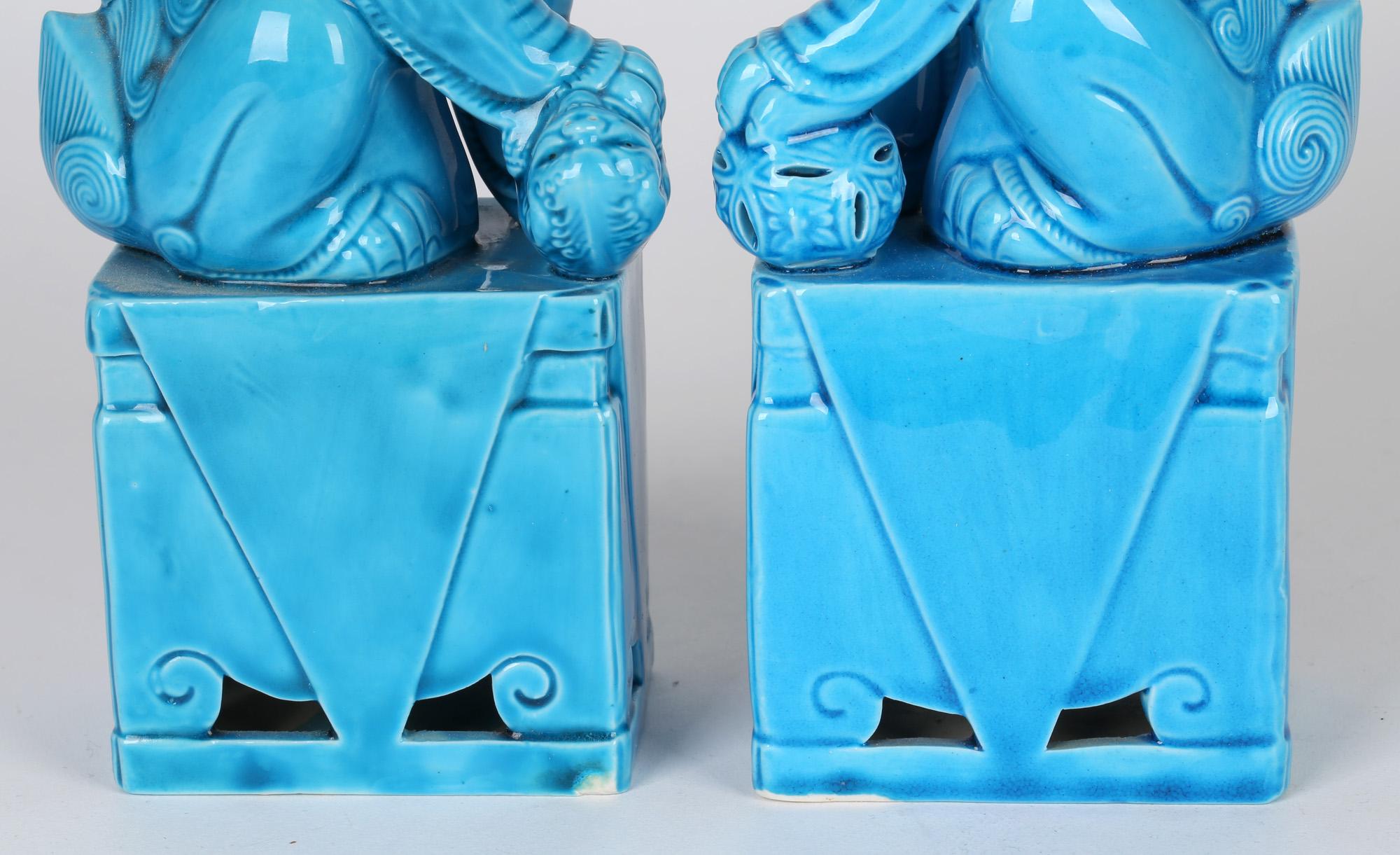 Chinese Pair Turquoise Glazed Porcelain Mounted Foo Dogs 11