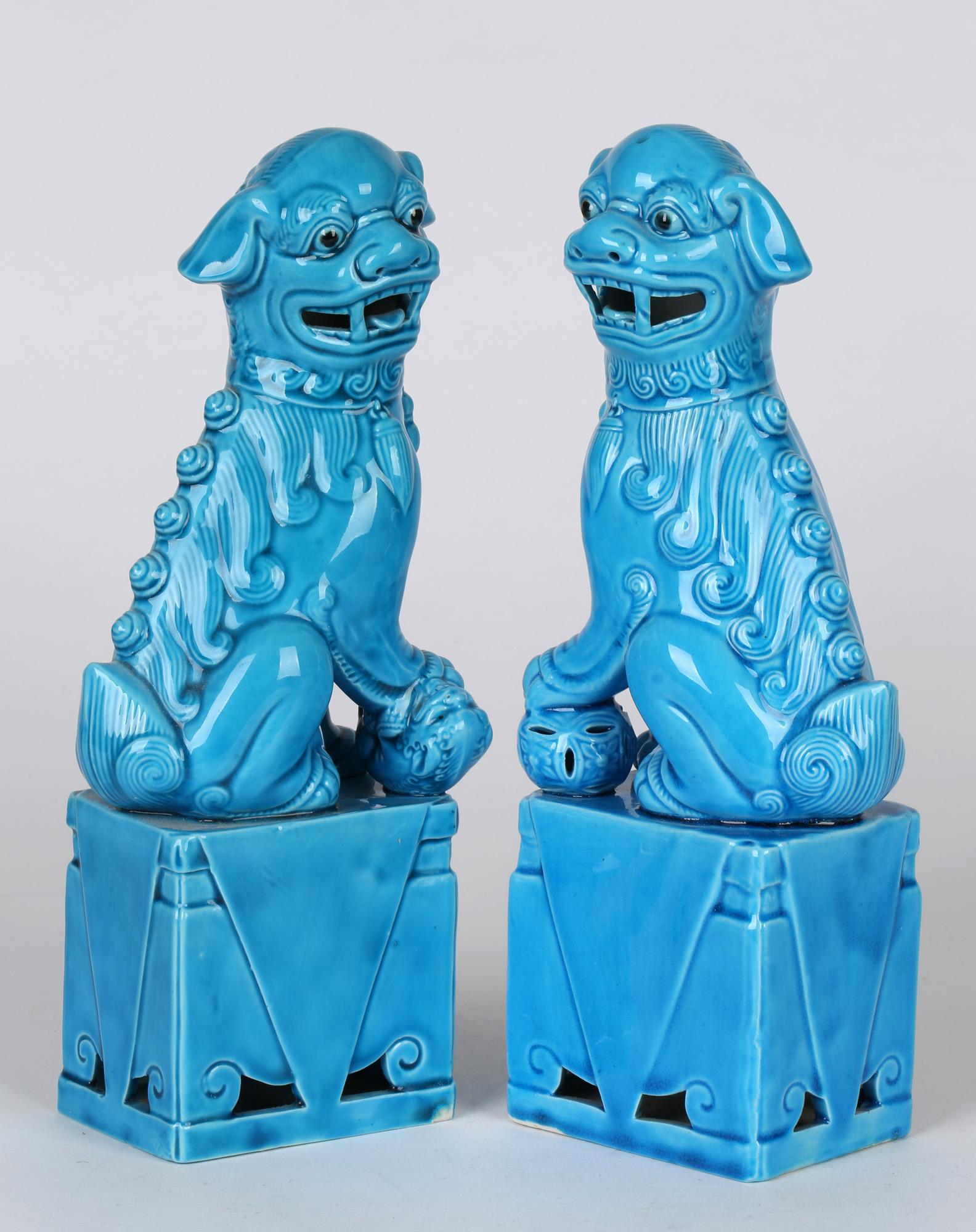 Early 20th Century Chinese Pair Turquoise Glazed Porcelain Mounted Foo Dogs