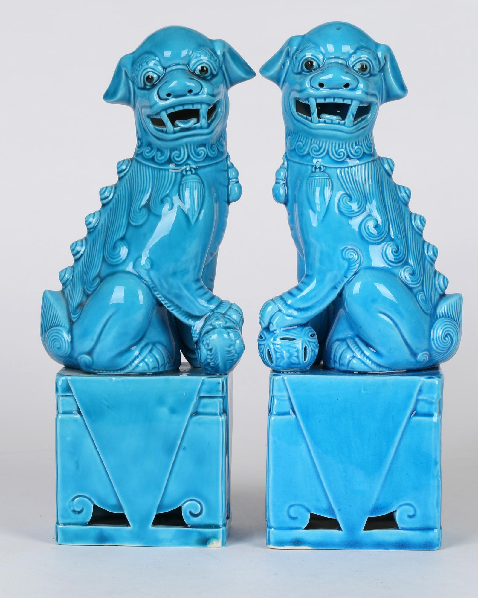 Chinese Pair Turquoise Glazed Porcelain Mounted Foo Dogs 2