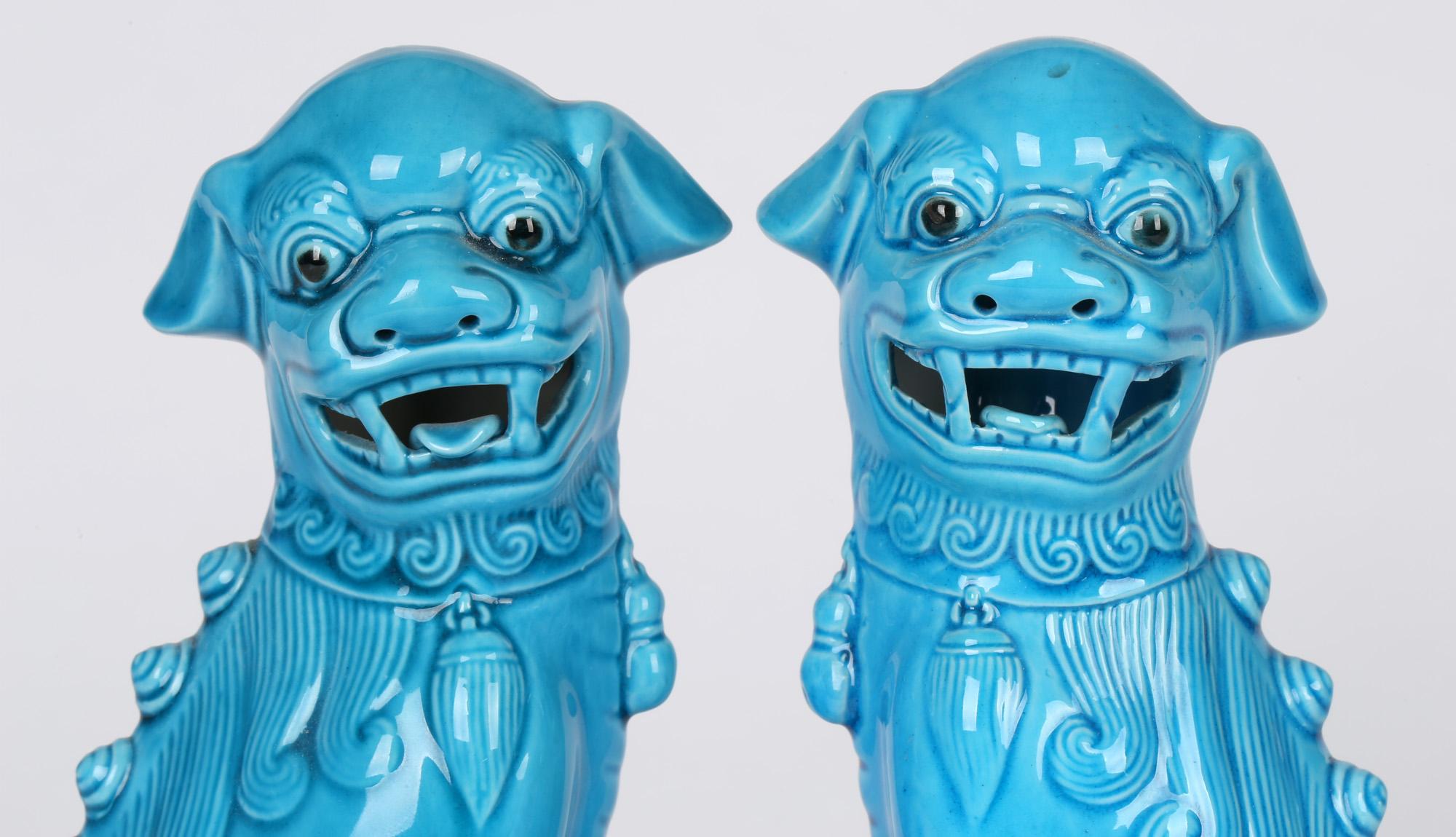 Chinese Pair Turquoise Glazed Porcelain Mounted Foo Dogs 3