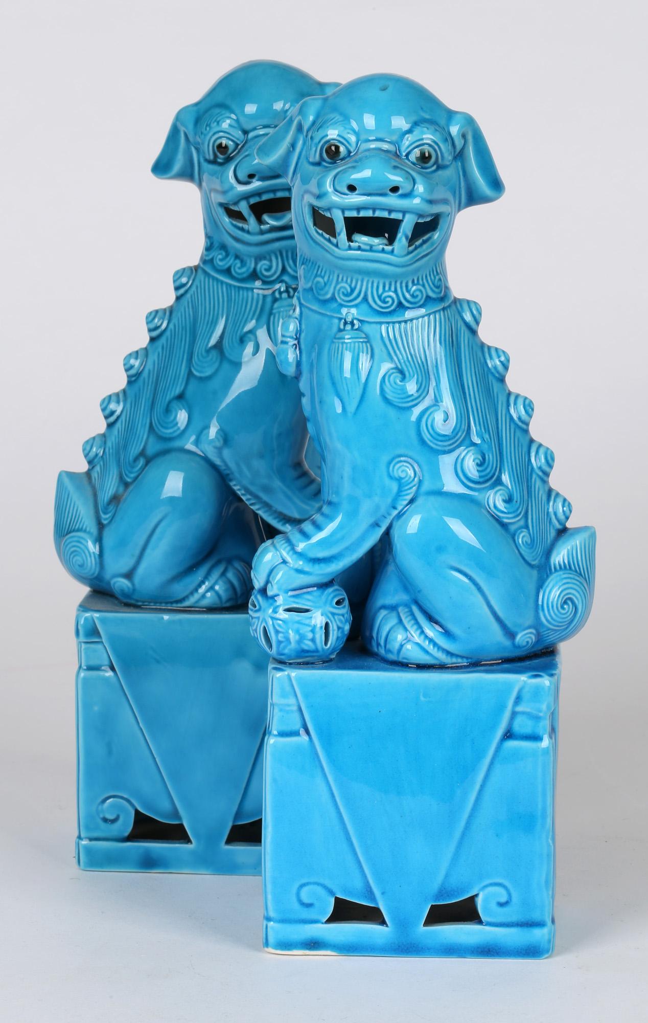 Chinese Pair Turquoise Glazed Porcelain Mounted Foo Dogs 4