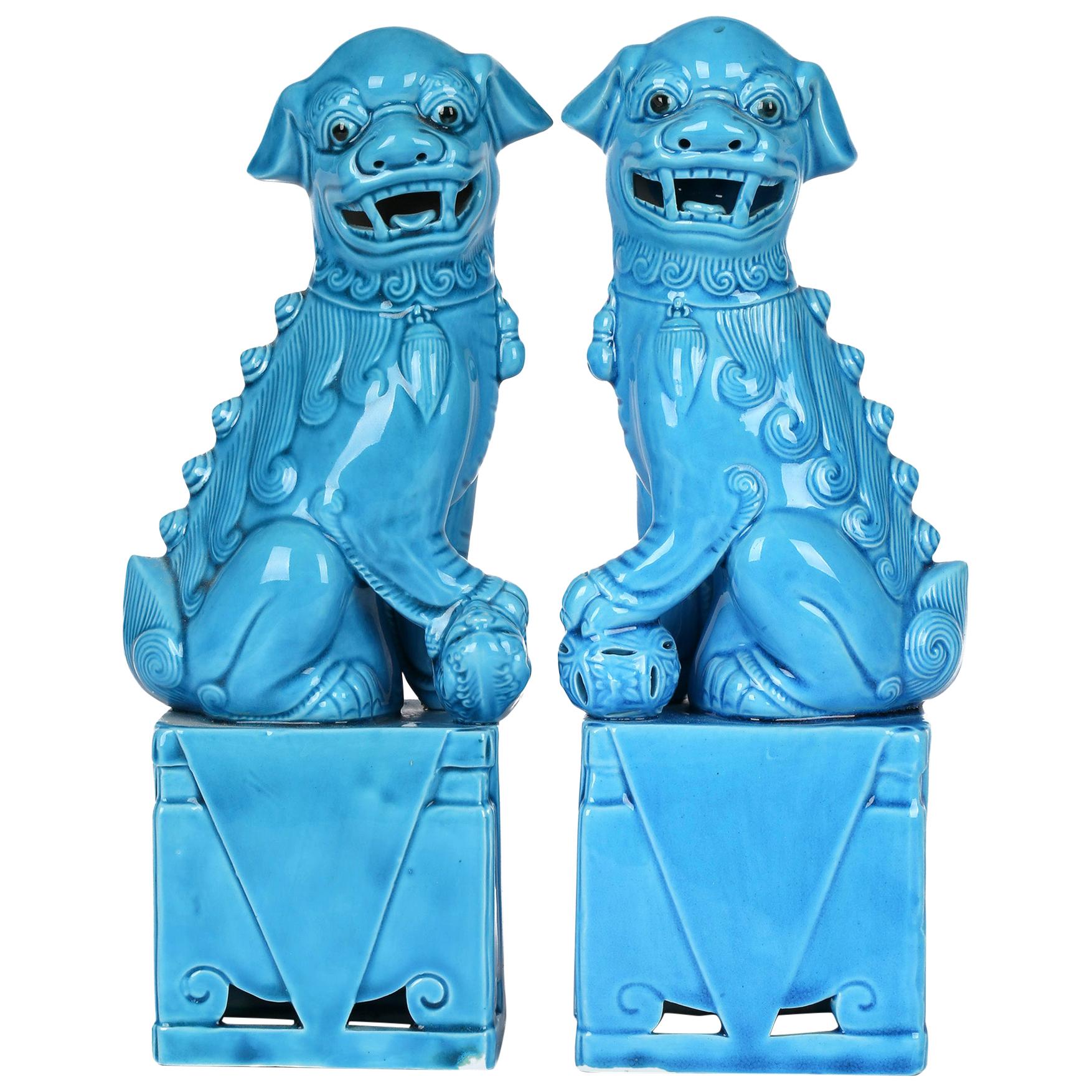 Chinese Pair Turquoise Glazed Porcelain Mounted Foo Dogs