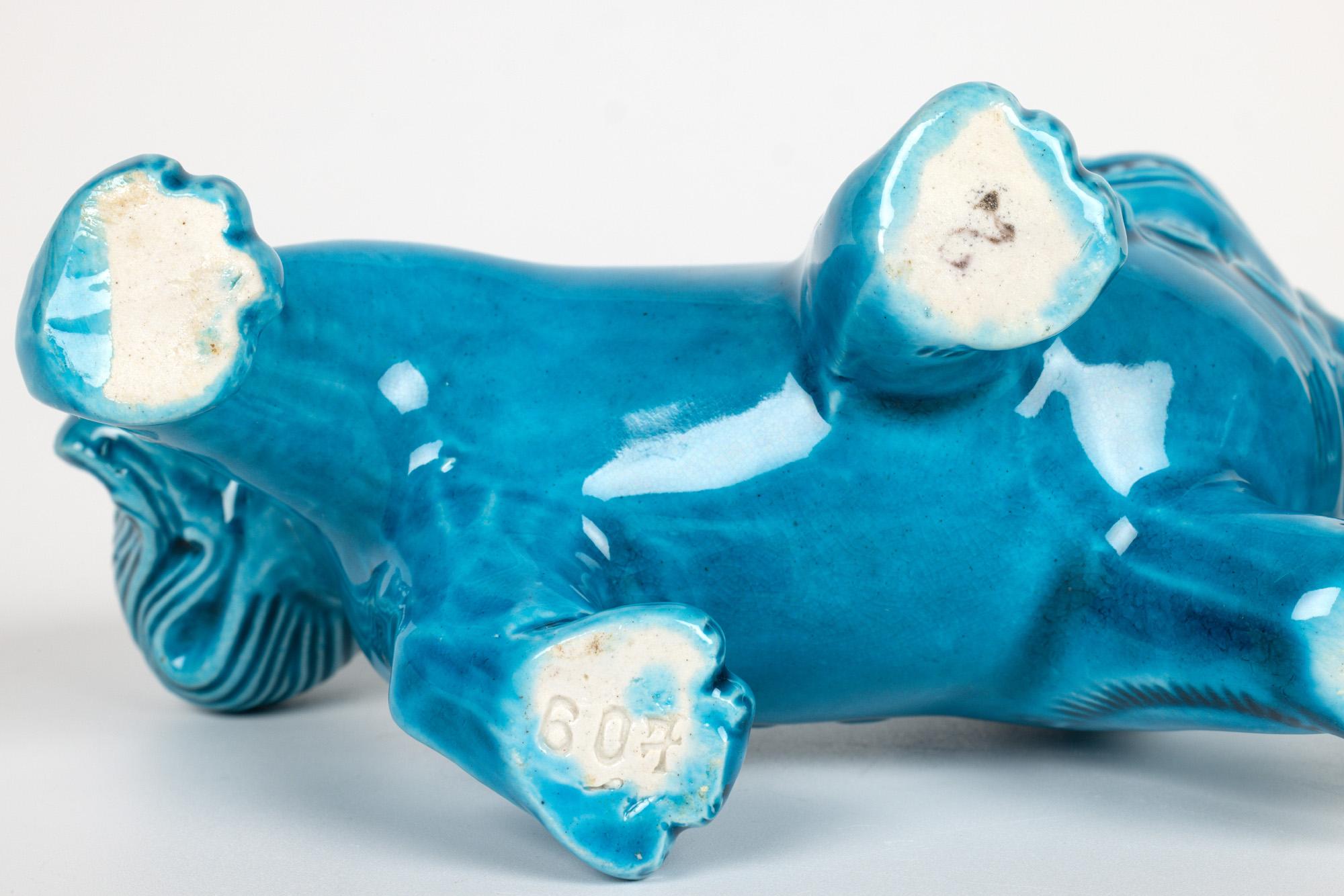 Chinese Pair Turquoise Glazed Porcelain Standing Foo Dogs For Sale 5