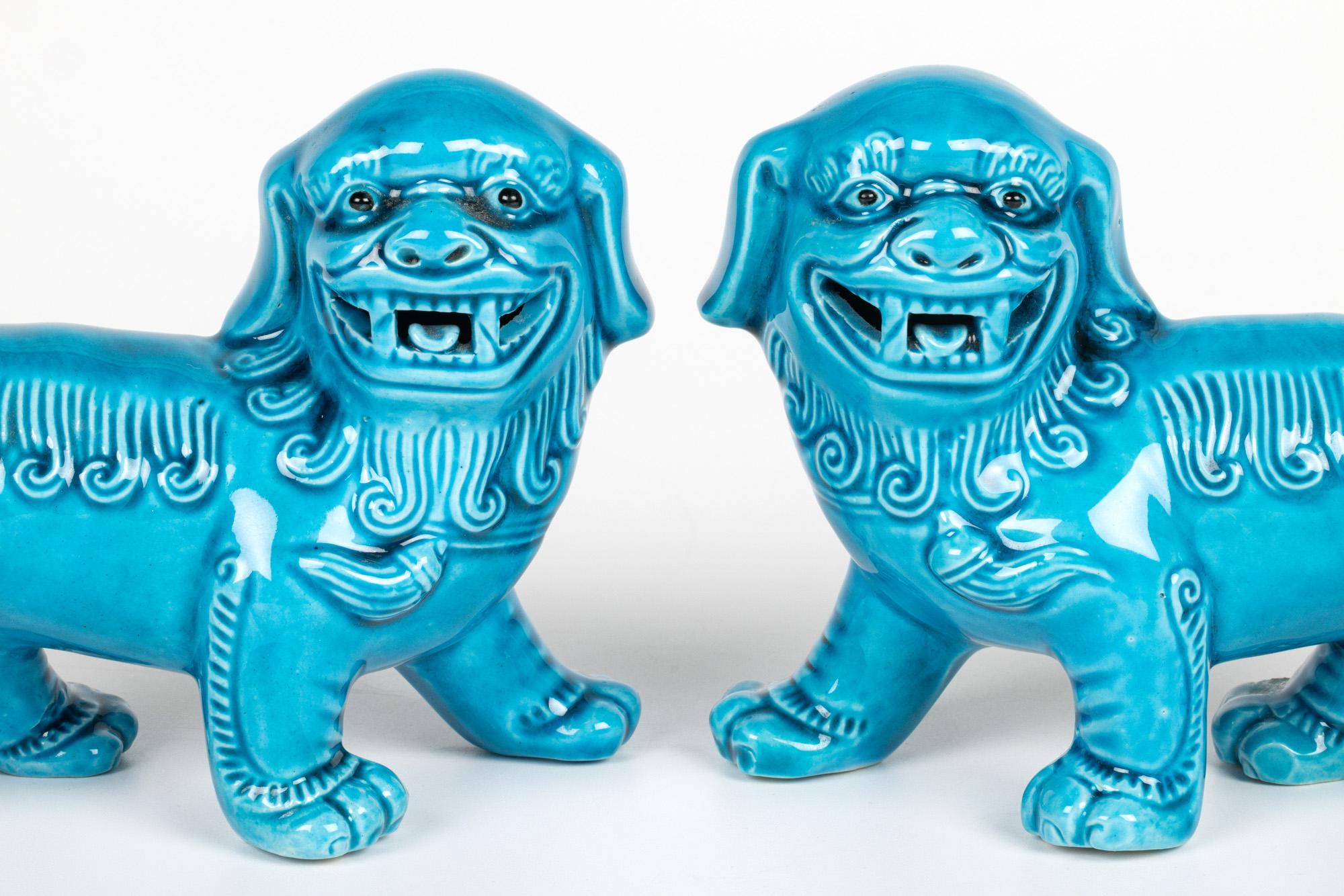 Chinese Pair Turquoise Glazed Porcelain Standing Foo Dogs For Sale 6