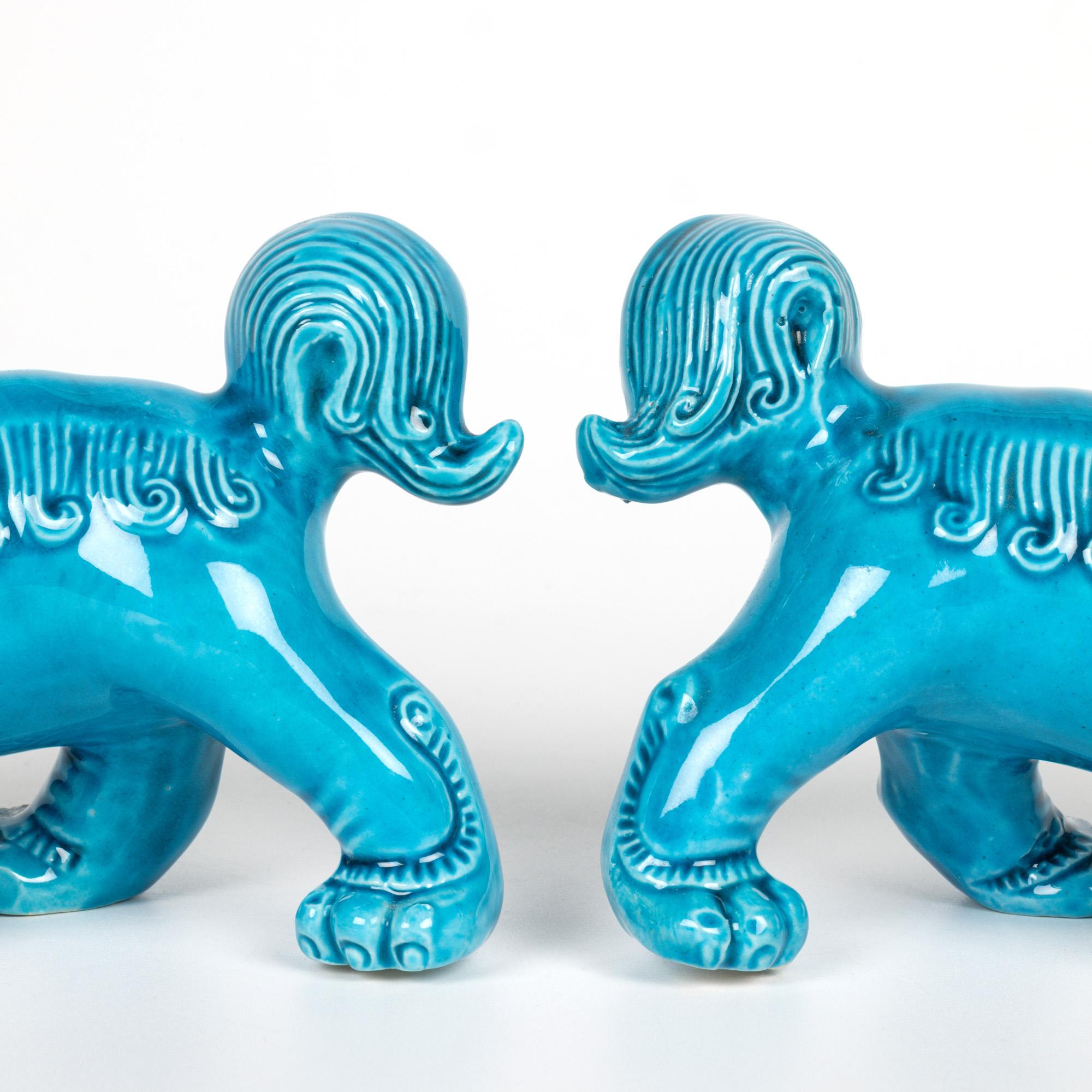 Chinese Pair Turquoise Glazed Porcelain Standing Foo Dogs For Sale 8