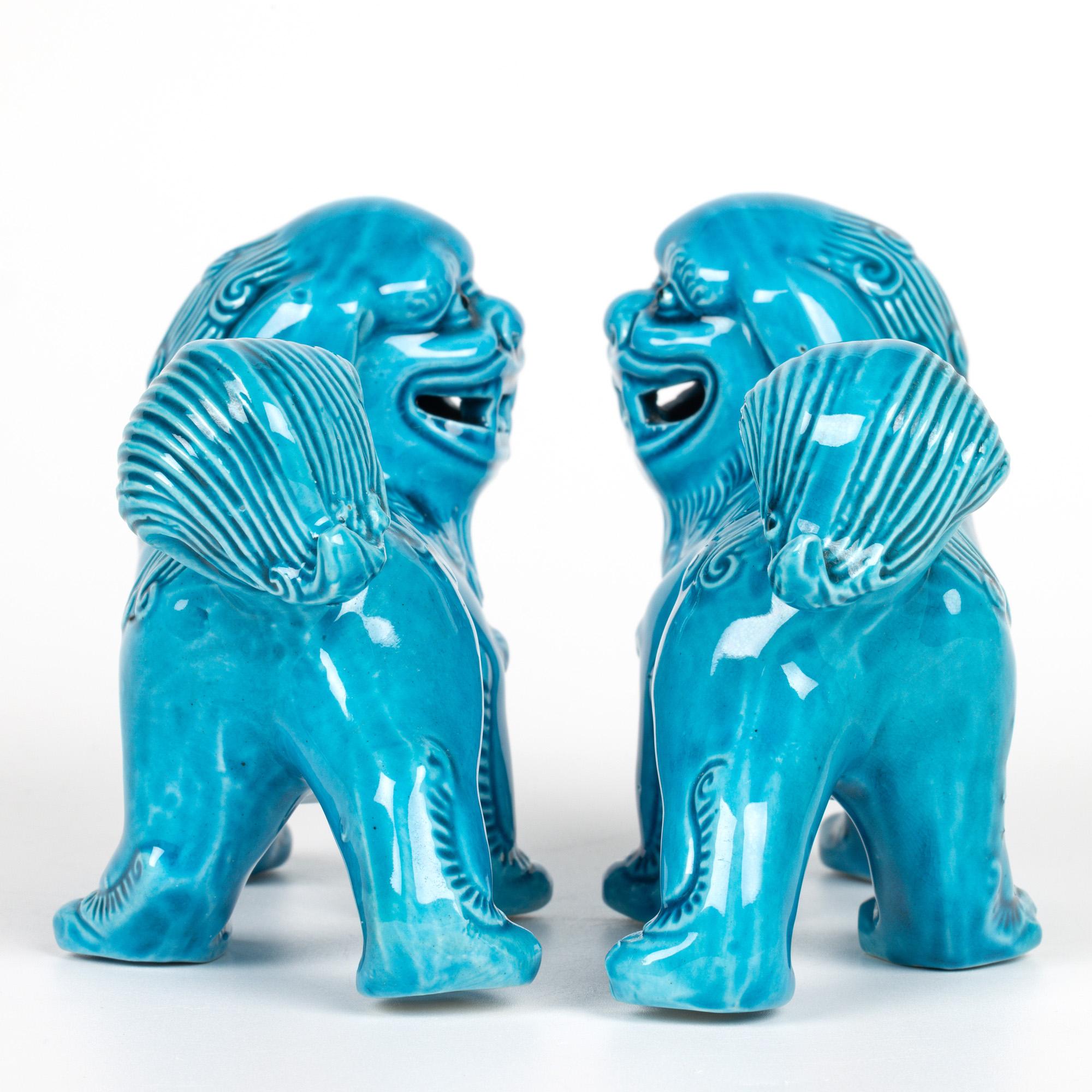 Chinese Pair Turquoise Glazed Porcelain Standing Foo Dogs For Sale 9