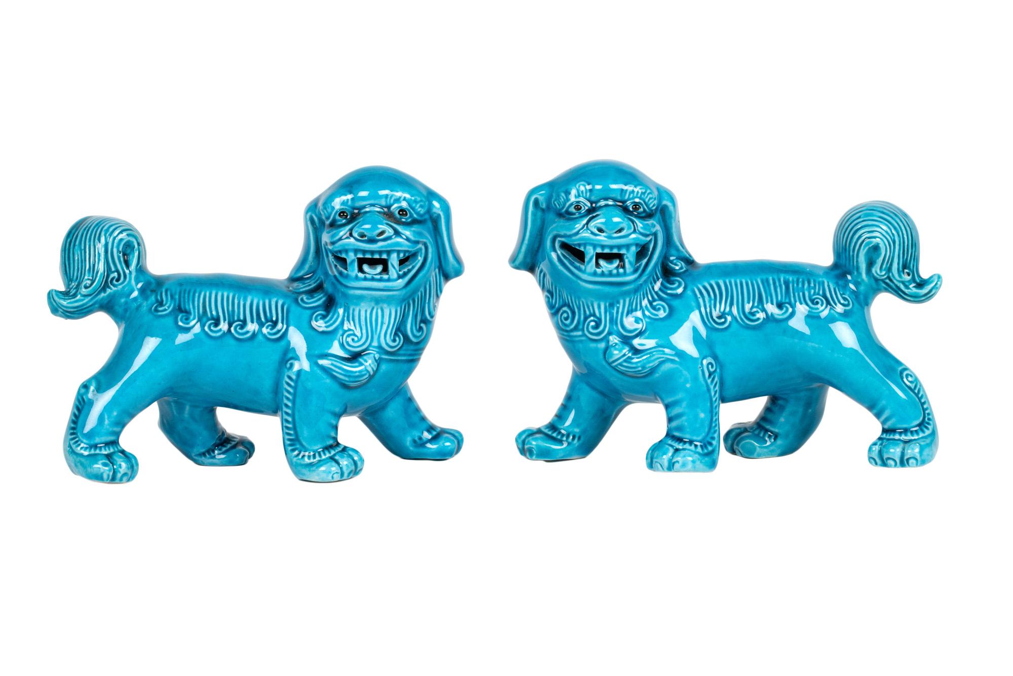 Chinese Pair Turquoise Glazed Porcelain Standing Foo Dogs For Sale 10