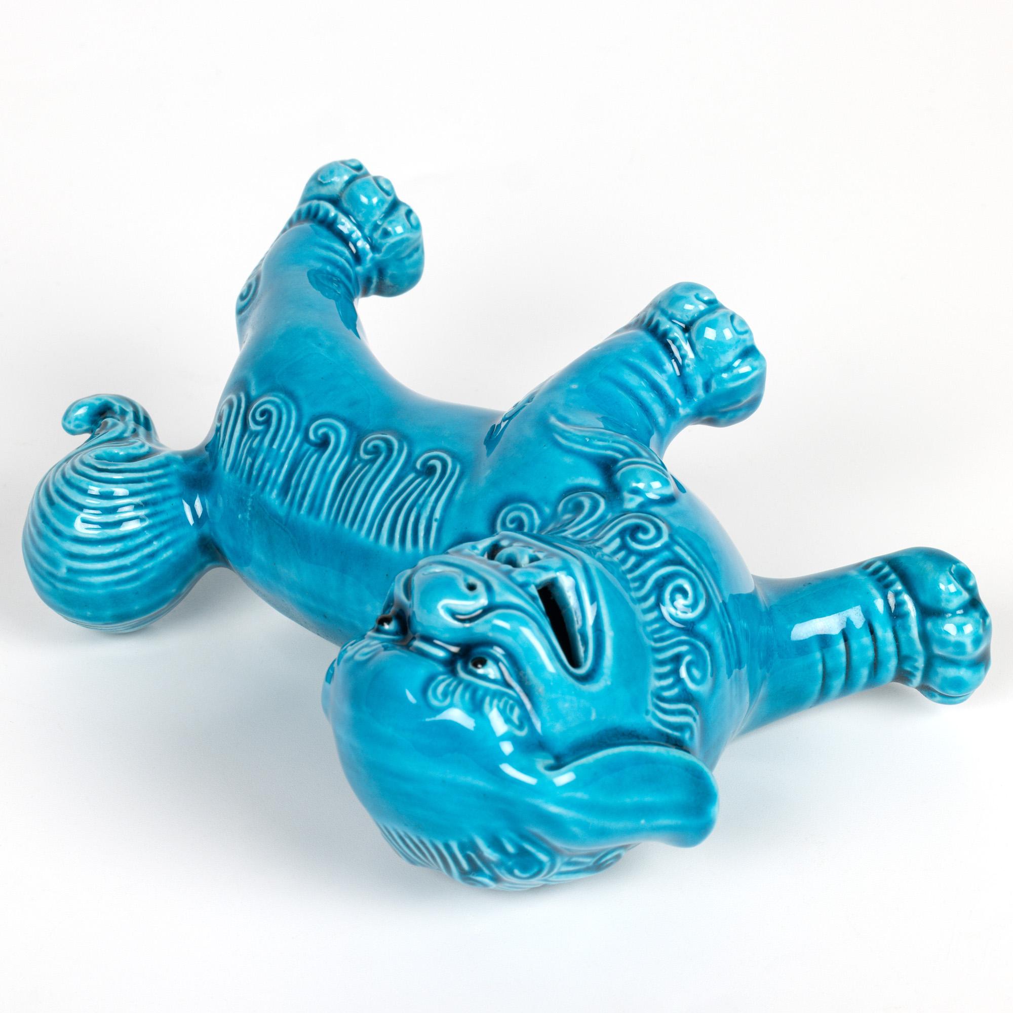 Chinese Export Chinese Pair Turquoise Glazed Porcelain Standing Foo Dogs For Sale