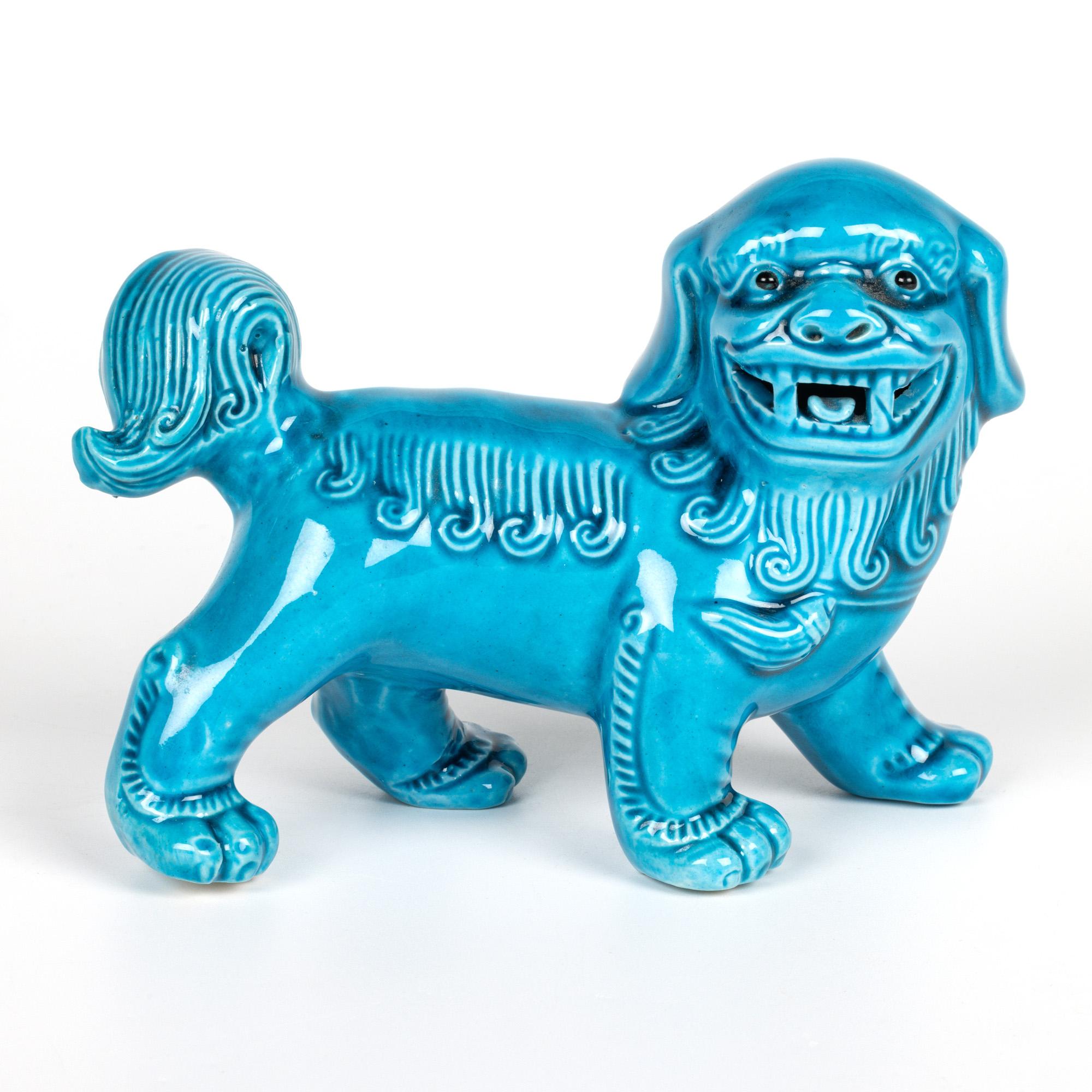 Chinese Pair Turquoise Glazed Porcelain Standing Foo Dogs In Good Condition For Sale In Bishop's Stortford, Hertfordshire