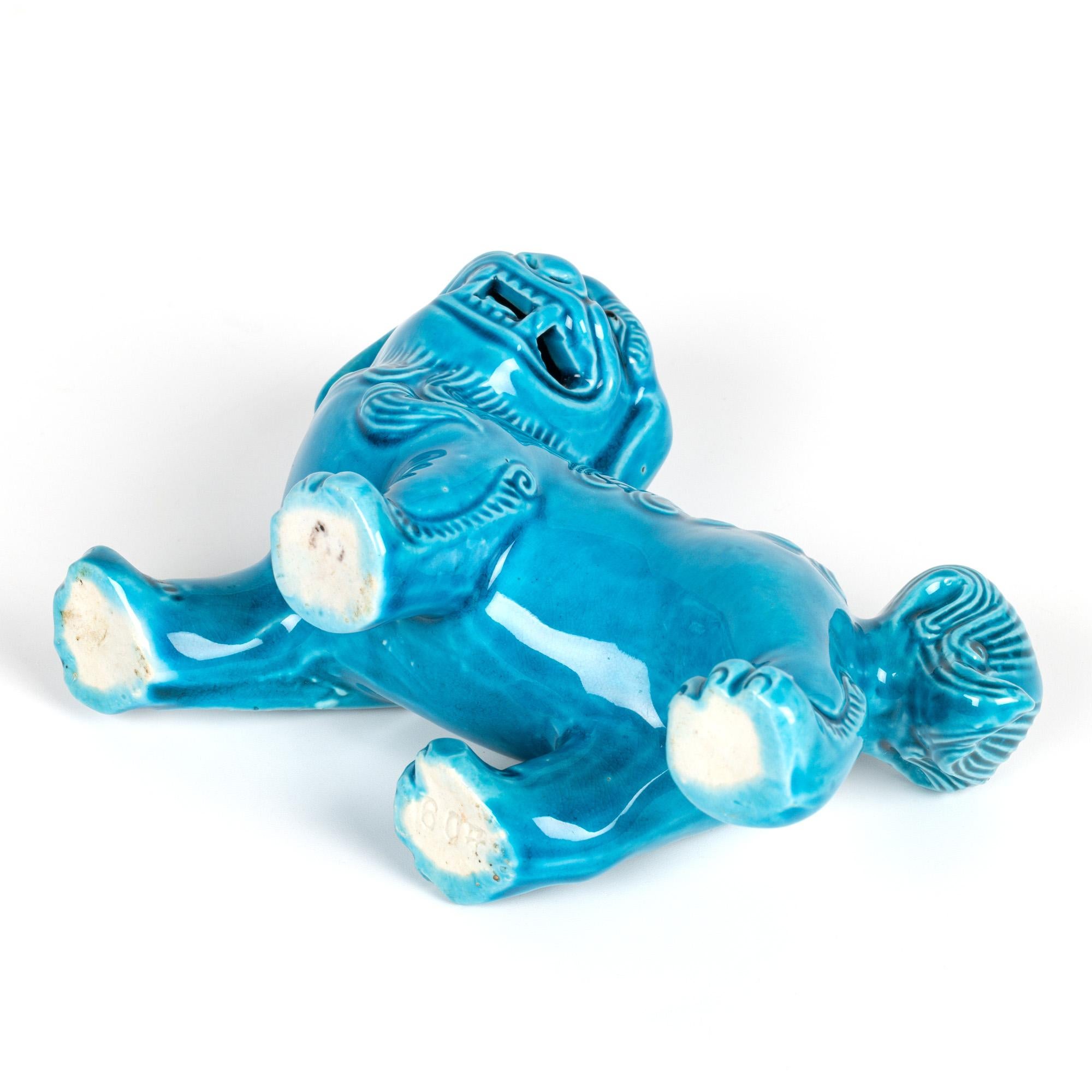 Chinese Pair Turquoise Glazed Porcelain Standing Foo Dogs For Sale 1