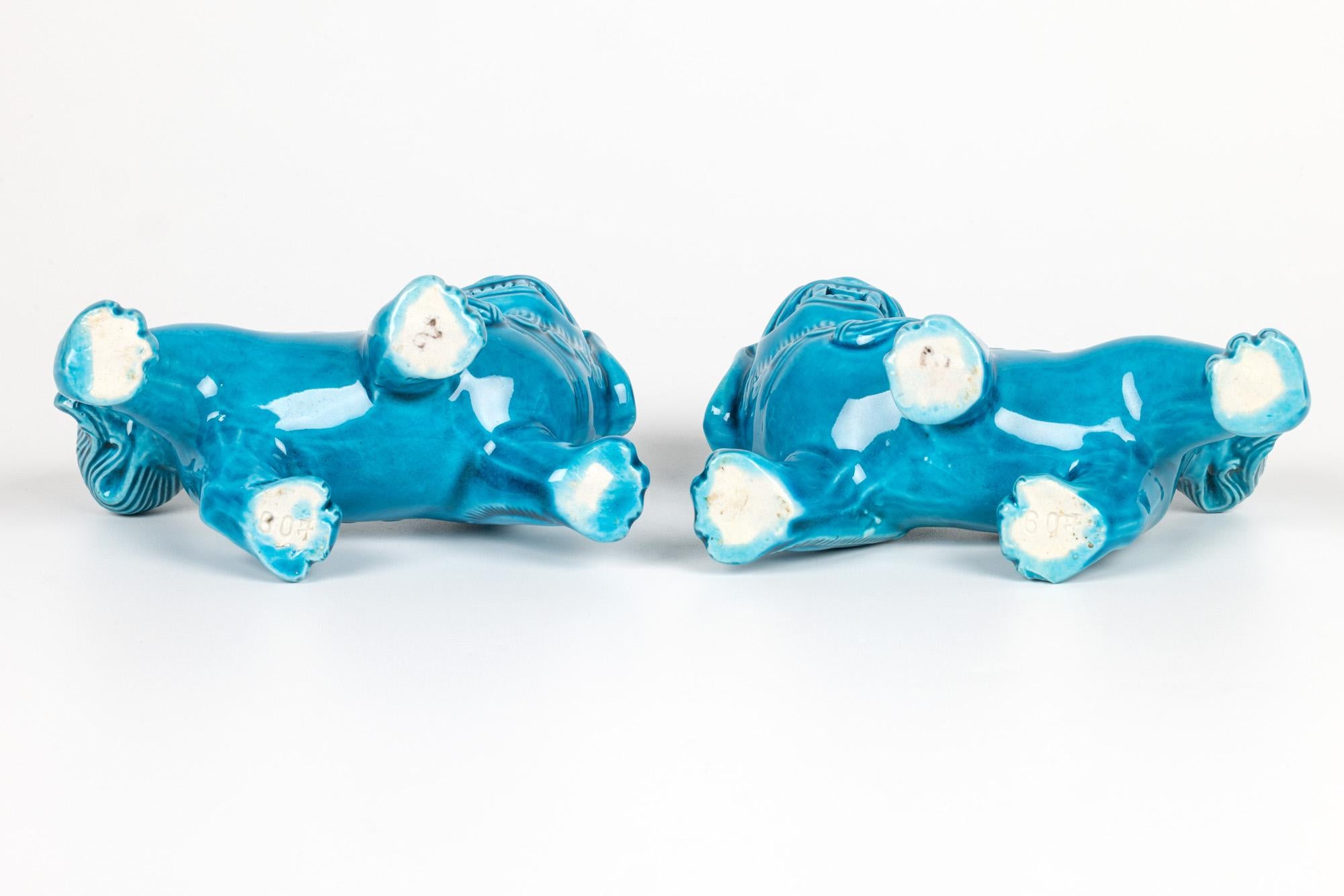 Chinese Pair Turquoise Glazed Porcelain Standing Foo Dogs For Sale 2