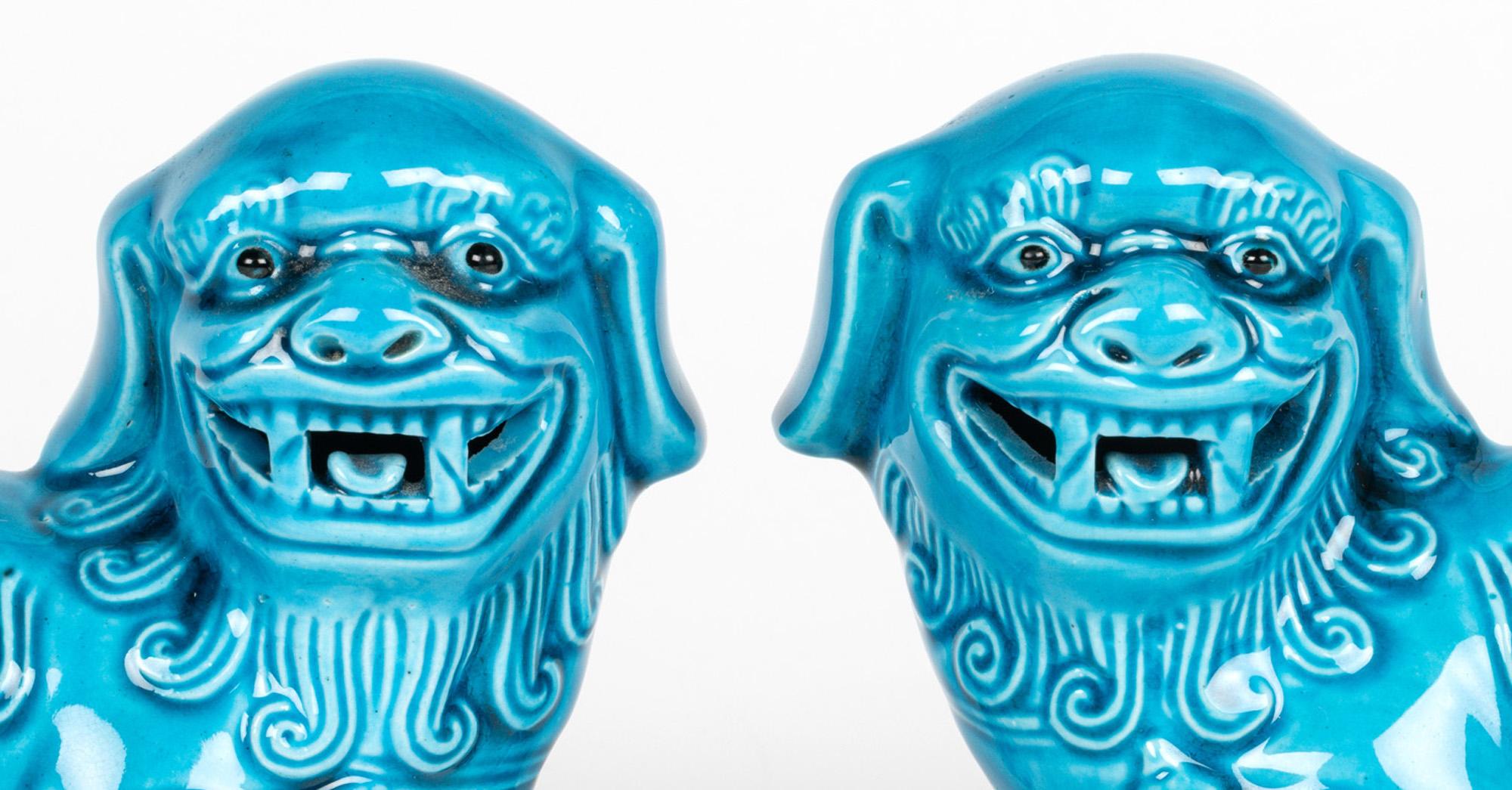 Chinese Pair Turquoise Glazed Porcelain Standing Foo Dogs For Sale 3
