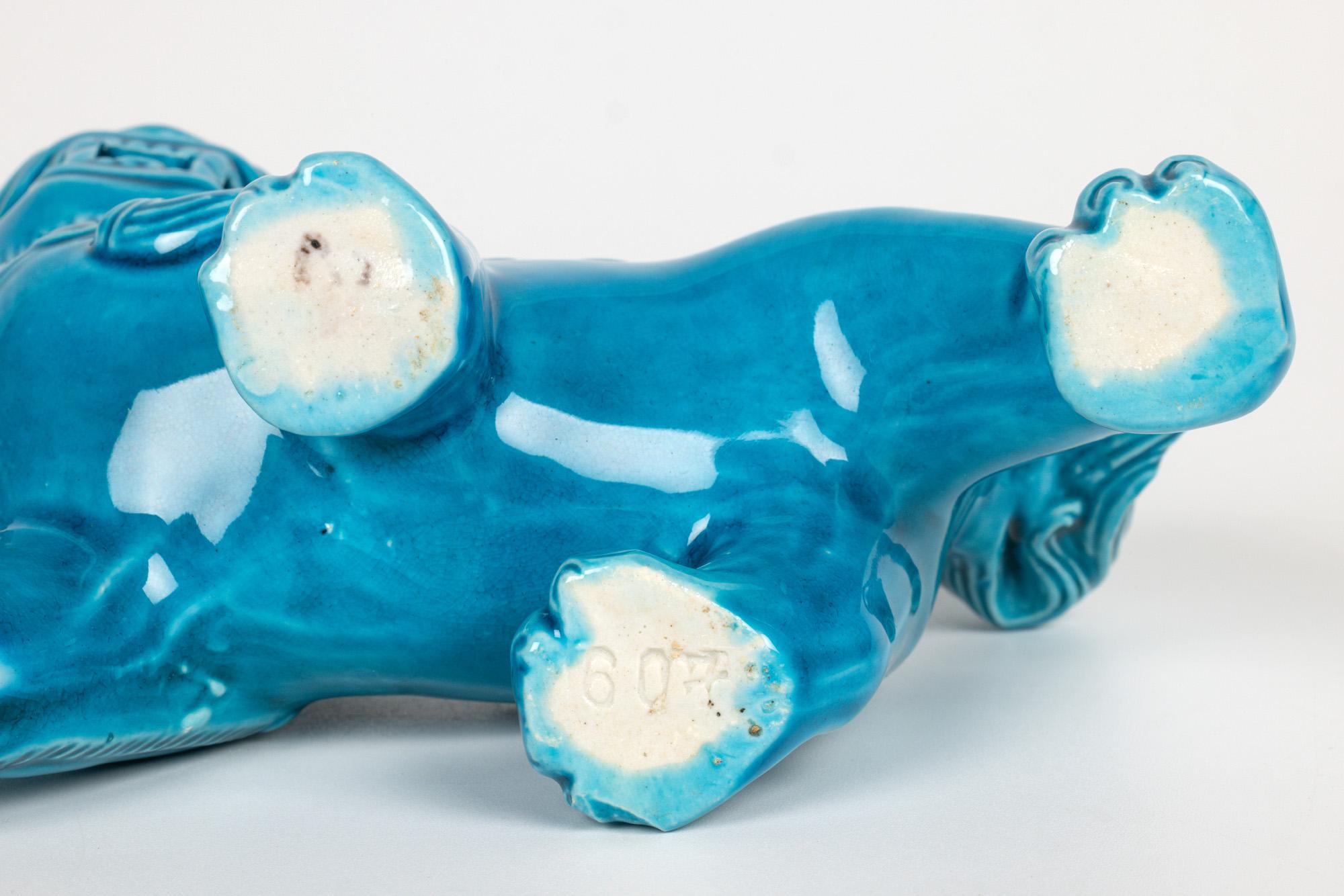Chinese Pair Turquoise Glazed Porcelain Standing Foo Dogs For Sale 4