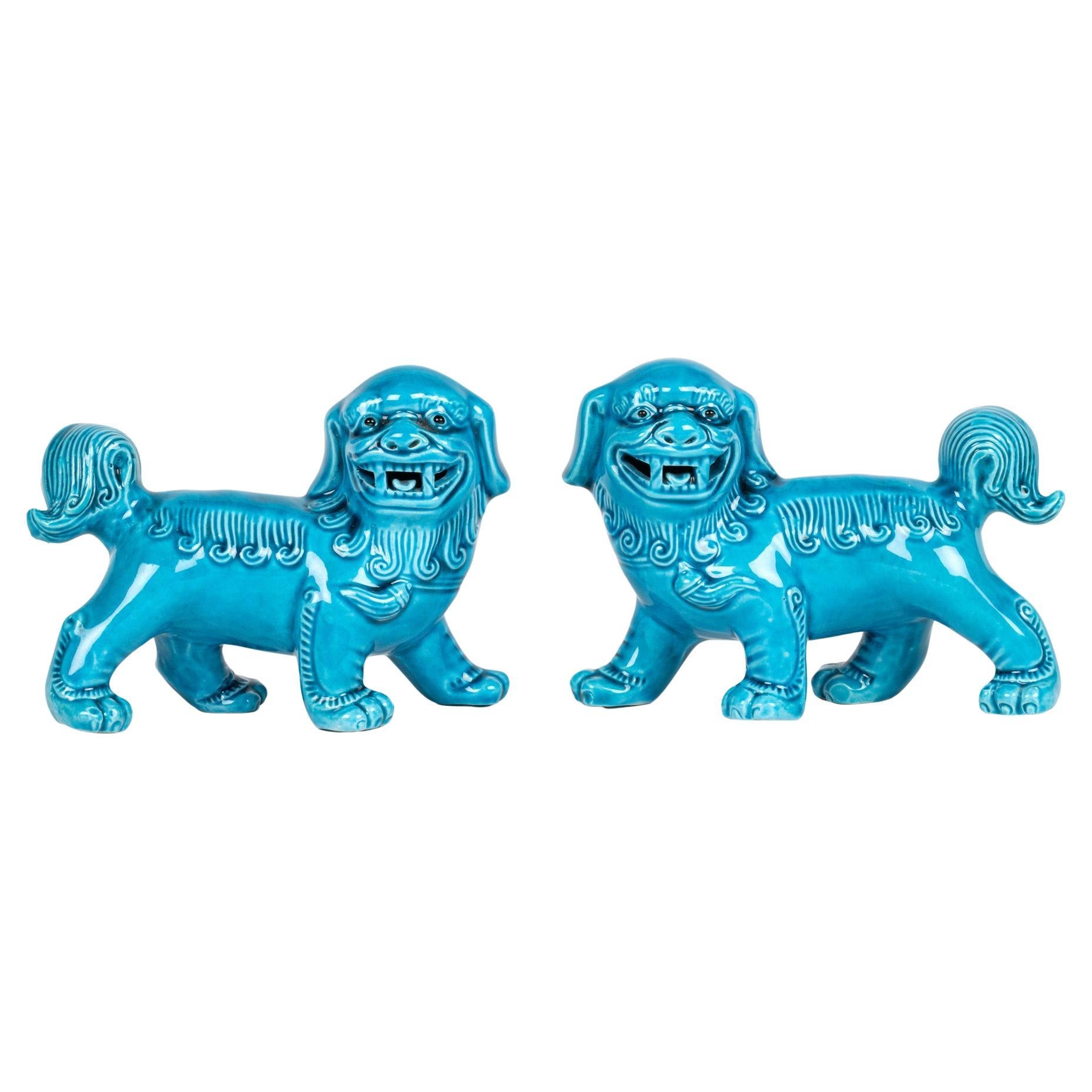 Chinese Pair Turquoise Glazed Porcelain Standing Foo Dogs