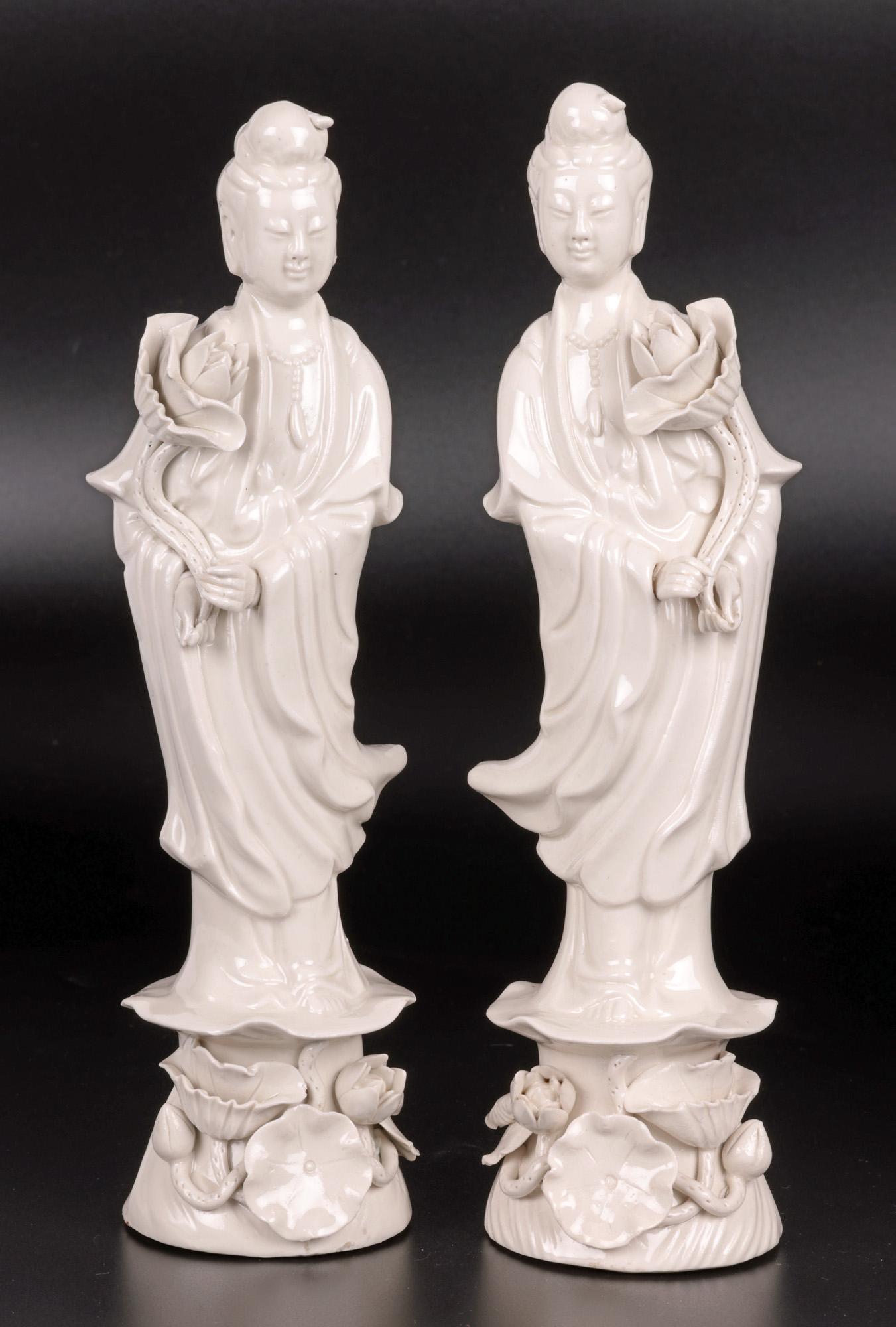 Chinese Pair Vintage Blanc de Chine Guanyin Porcelain Figures 3