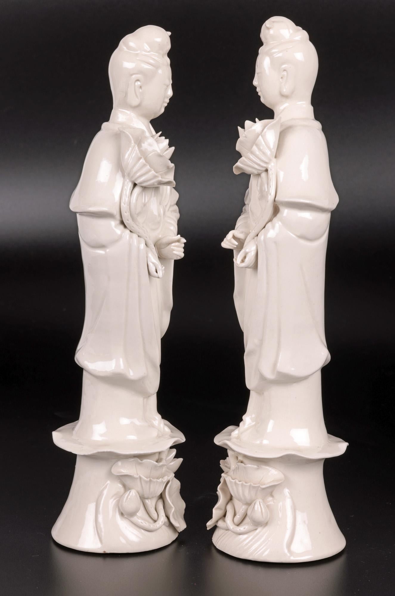 Chinese Pair Vintage Blanc de Chine Guanyin Porcelain Figures 6