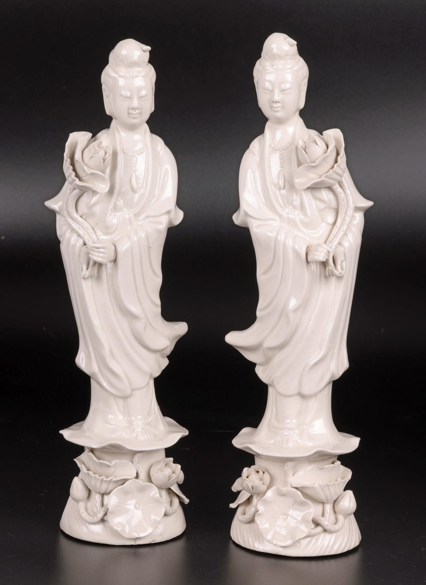 Chinese Pair Vintage Blanc de Chine Guanyin Porcelain Figures 12