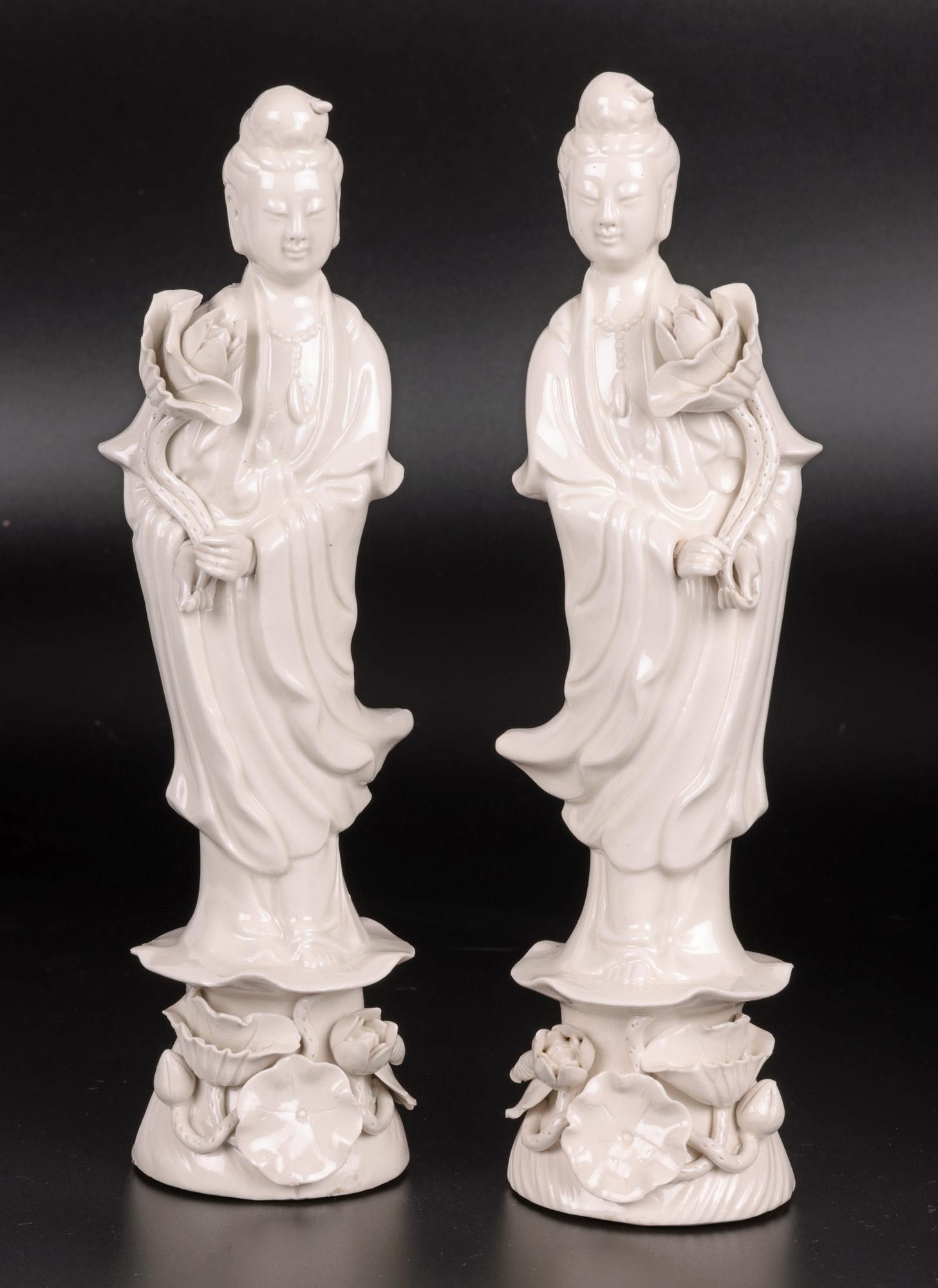 Glazed Chinese Pair Vintage Blanc de Chine Guanyin Porcelain Figures