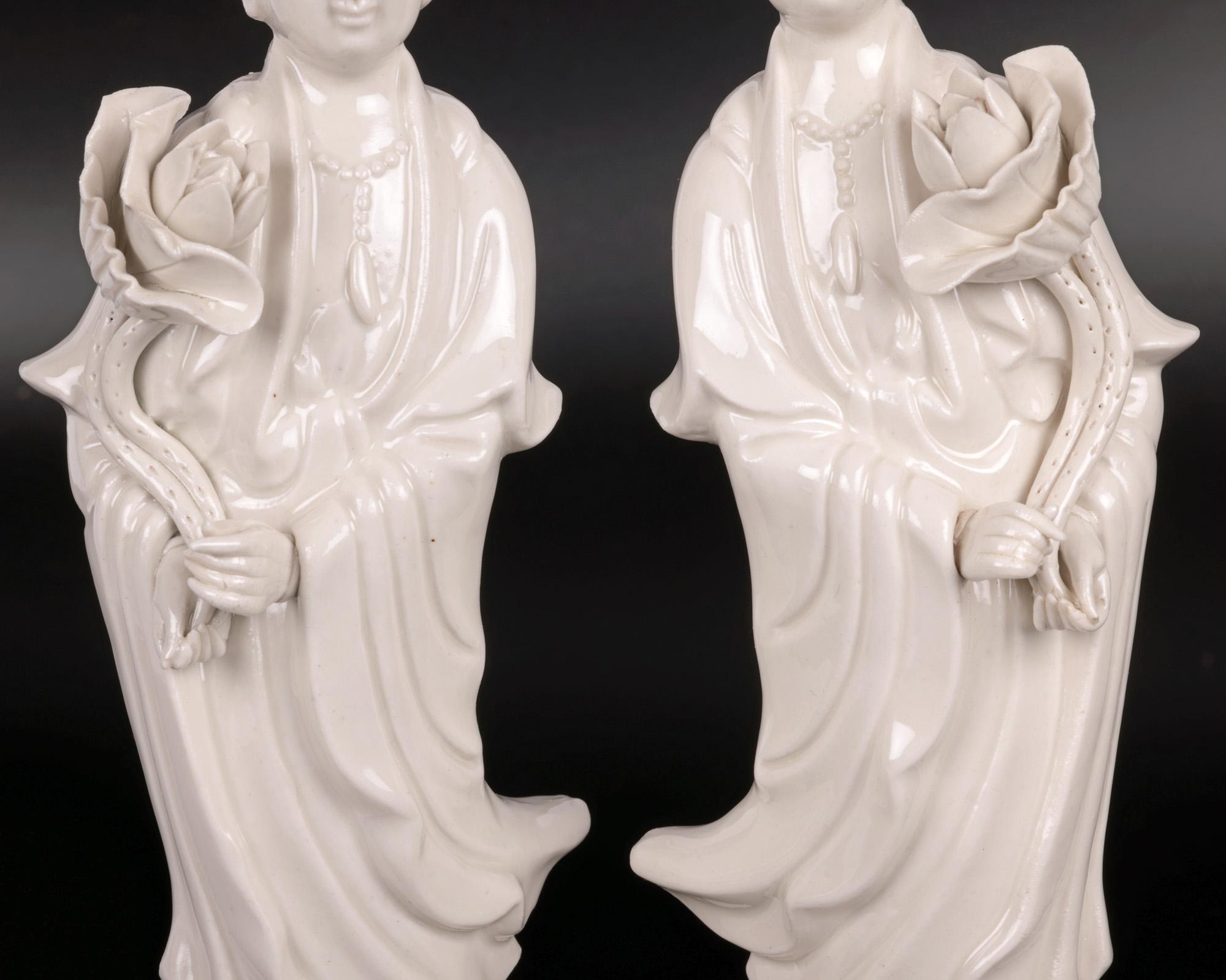 20th Century Chinese Pair Vintage Blanc de Chine Guanyin Porcelain Figures