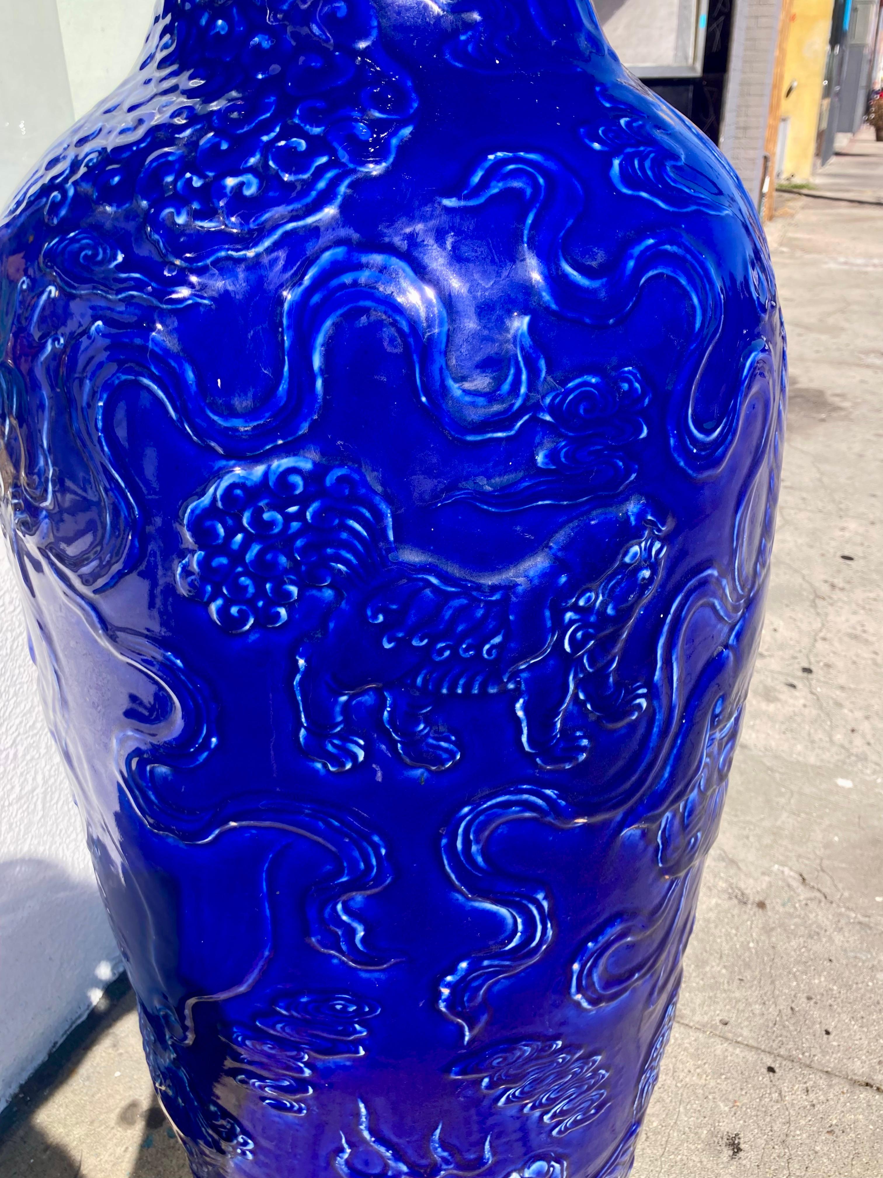 Chinese Palace Size Female Foo Dog Urn in Cobalt Blue Glaze 4