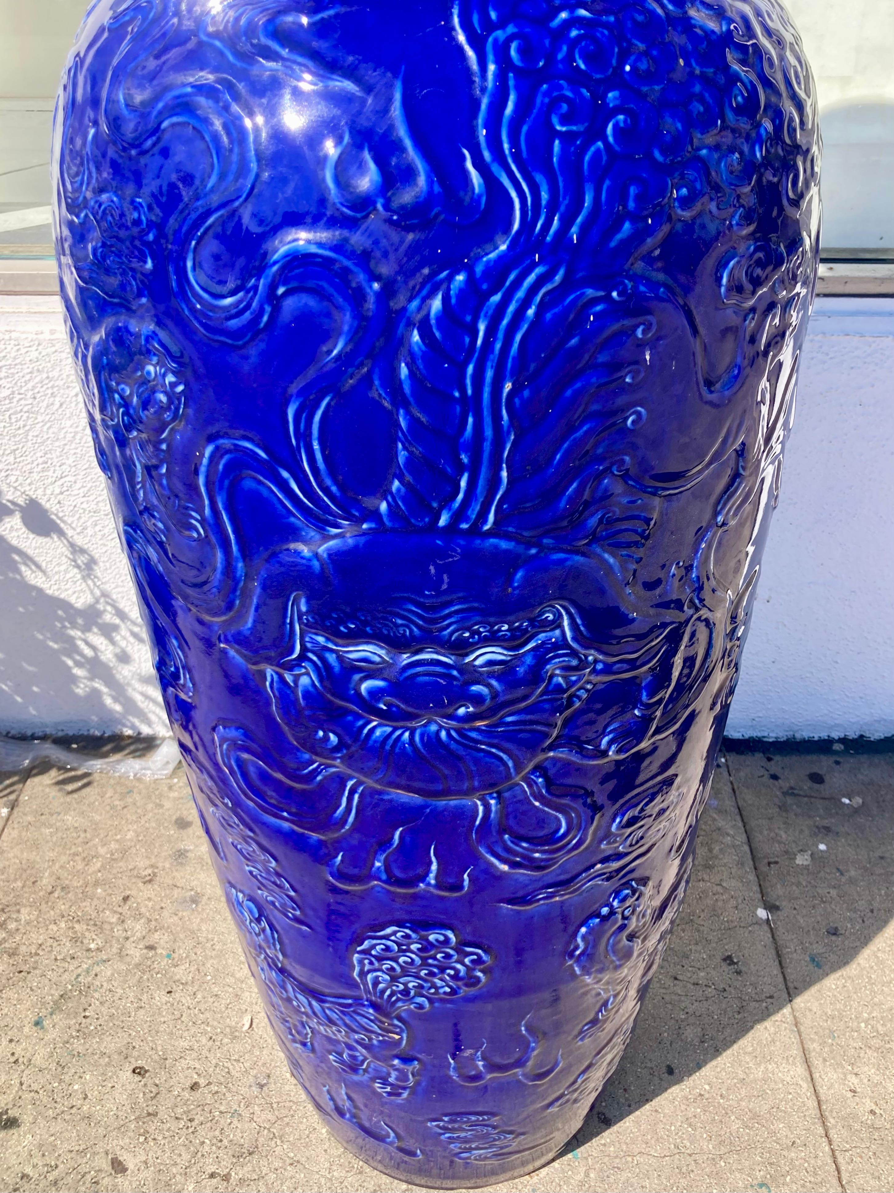 Chinese Palace Size Female Foo Dog Urn in Cobalt Blue Glaze 5