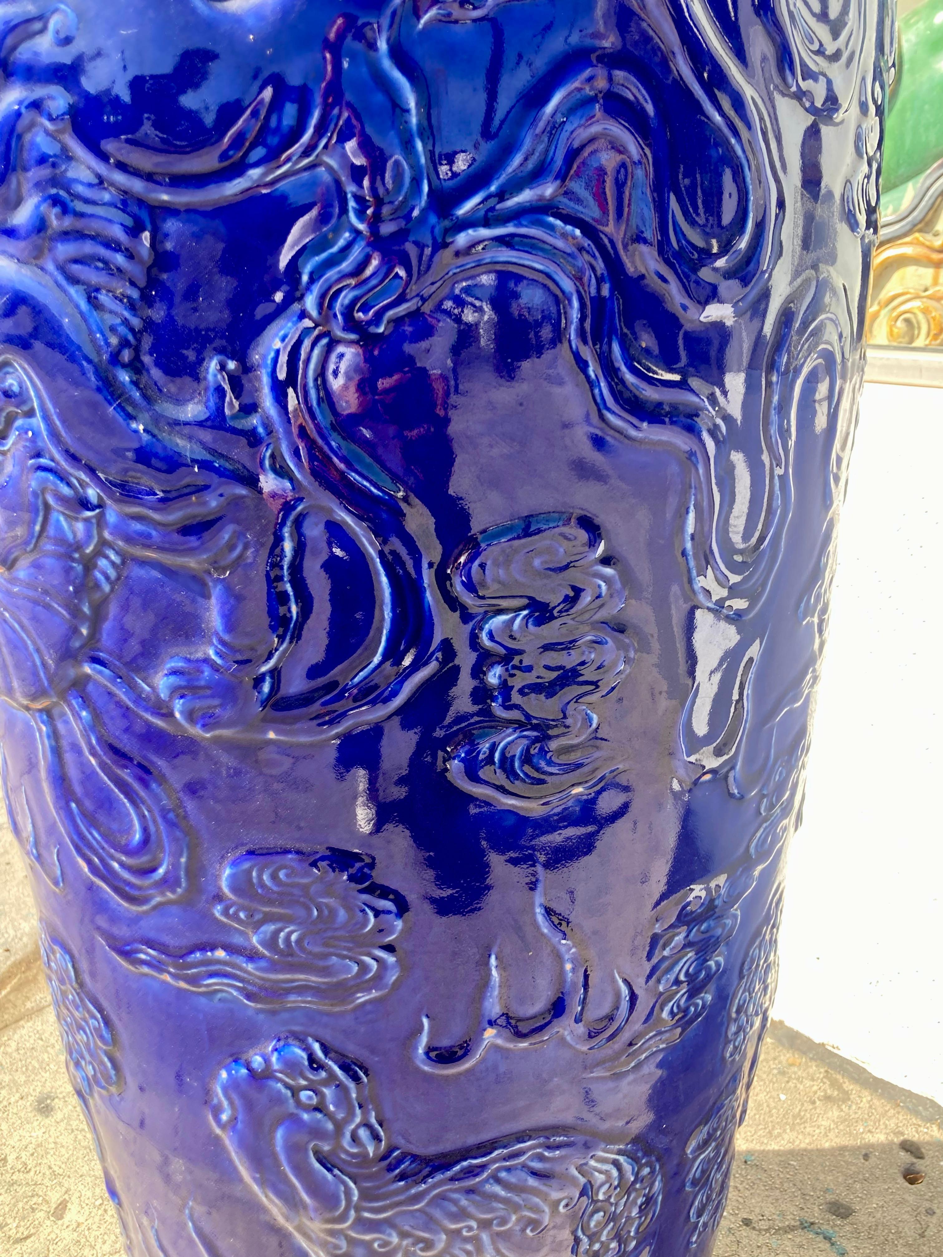 Chinese Palace Size Female Foo Dog Urn in Cobalt Blue Glaze 7