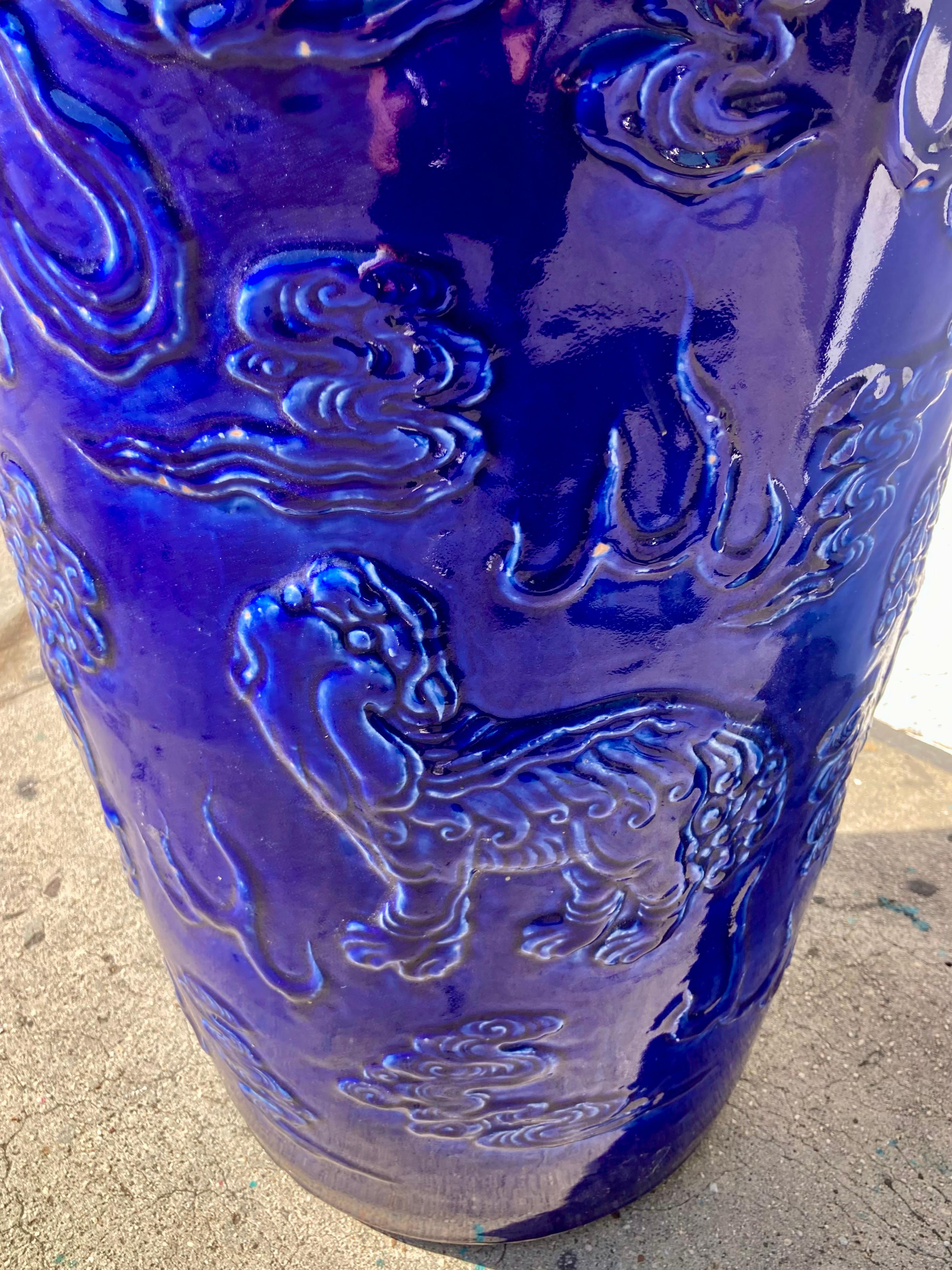 Chinese Palace Size Female Foo Dog Urn in Cobalt Blue Glaze 8