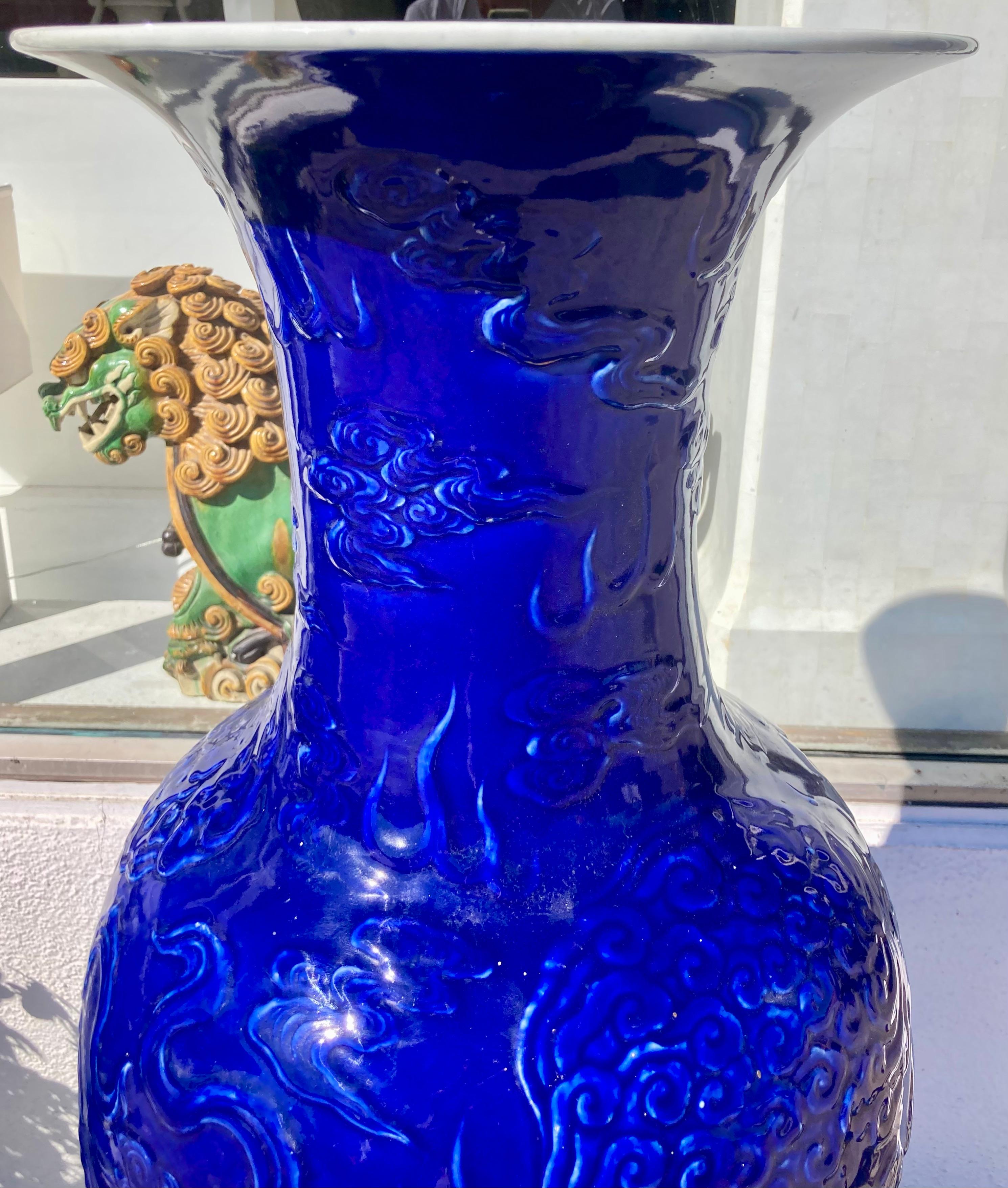 Chinese Palace Size Female Foo Dog Urn in Cobalt Blue Glaze 2