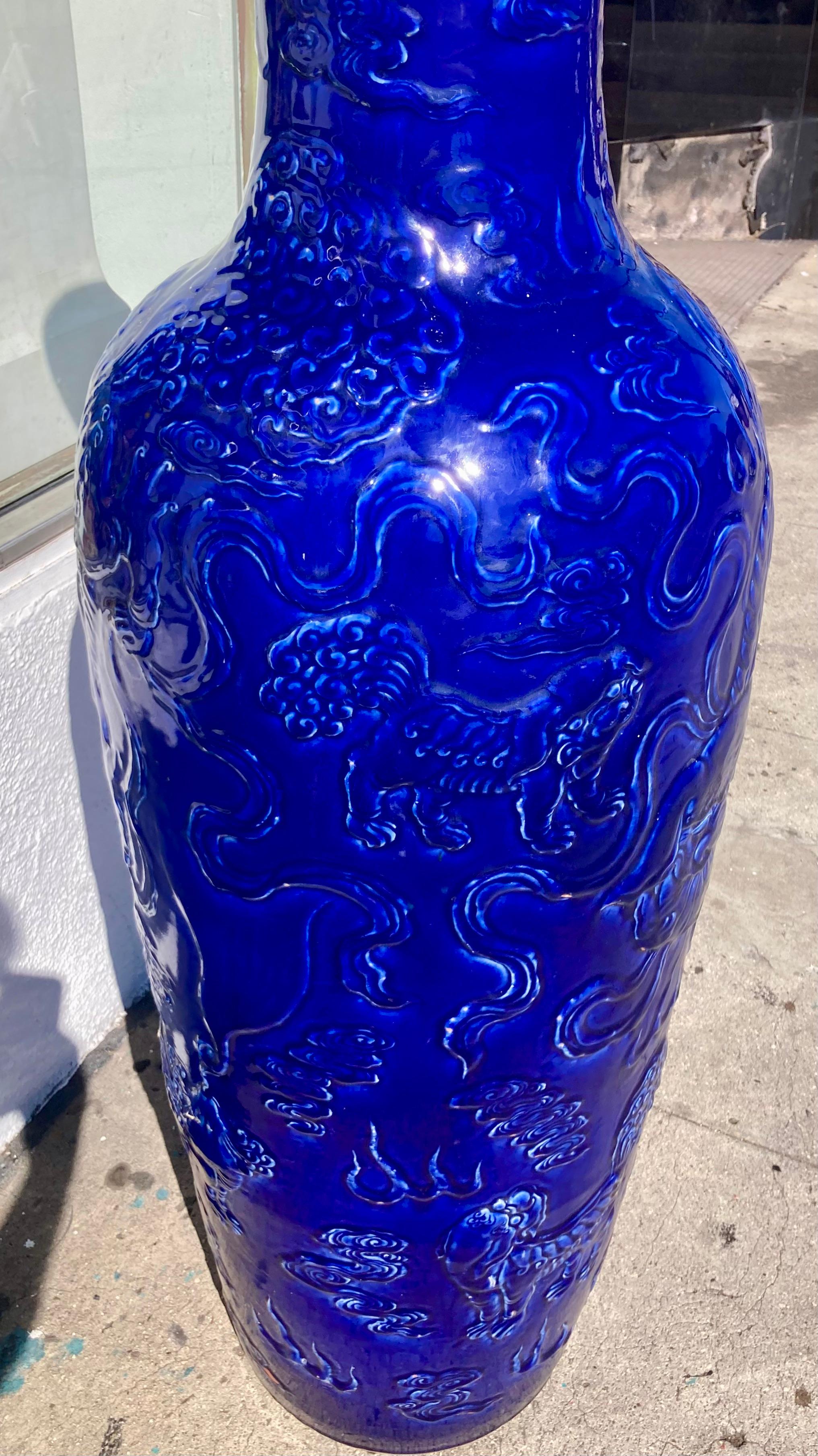Chinese Palace Size Female Foo Dog Urn in Cobalt Blue Glaze 3