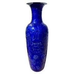Chinese Palace Size Female Foo Dog Urn in Cobalt Blue Glaze
