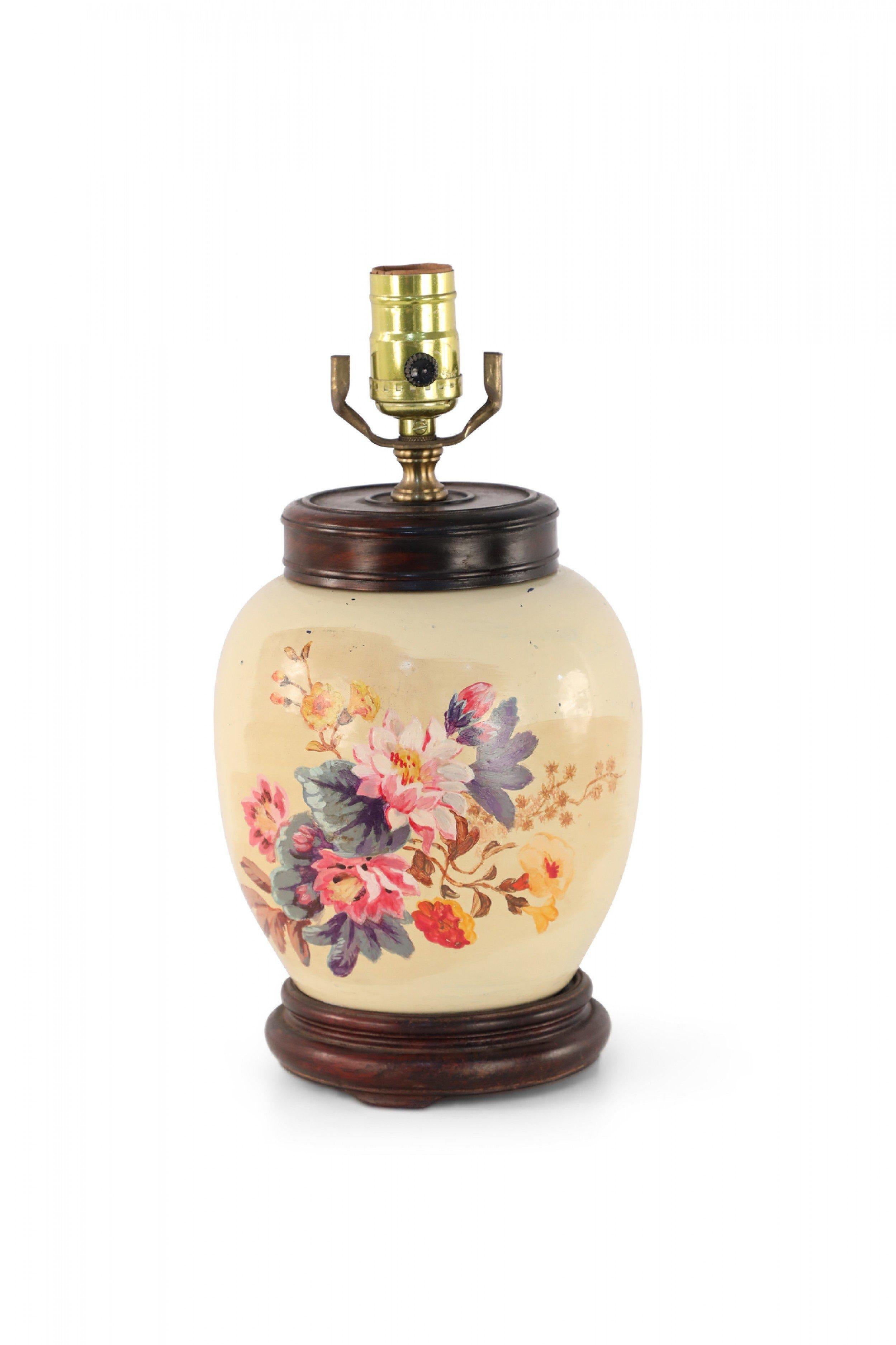 20th Century Chinese Pale Yellow and Colorful Floral Porcelain Table Lamp For Sale
