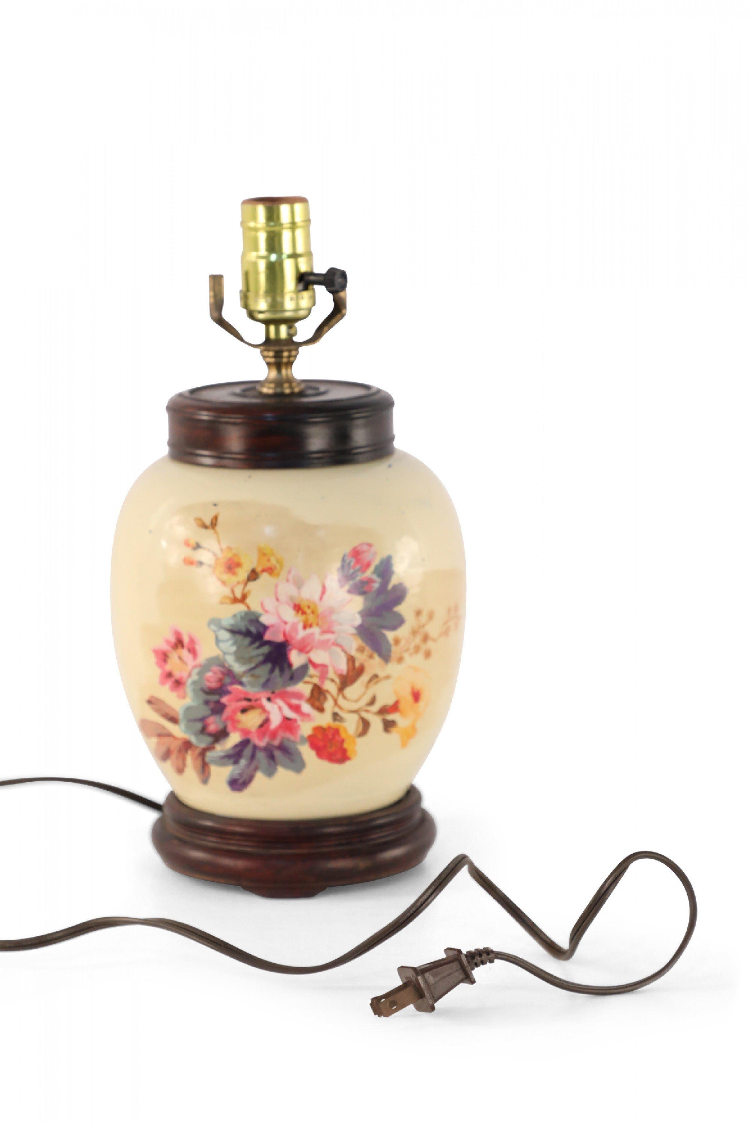 Metal Chinese Pale Yellow and Colorful Floral Porcelain Table Lamp For Sale