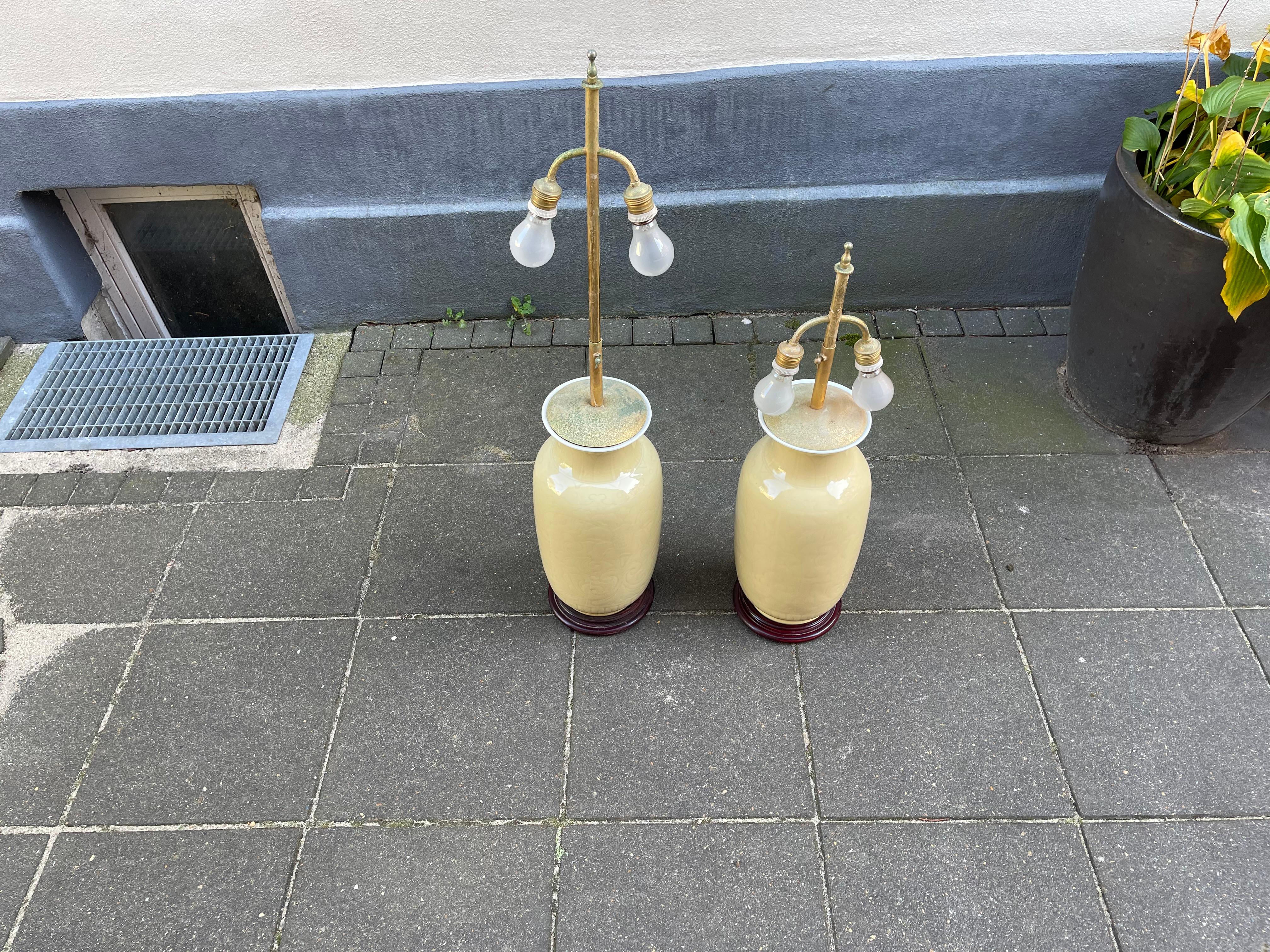 Chinese Export Chinese Pale Yellow Celadon Porcelain Table - Floor Lamps, Set of 2 For Sale