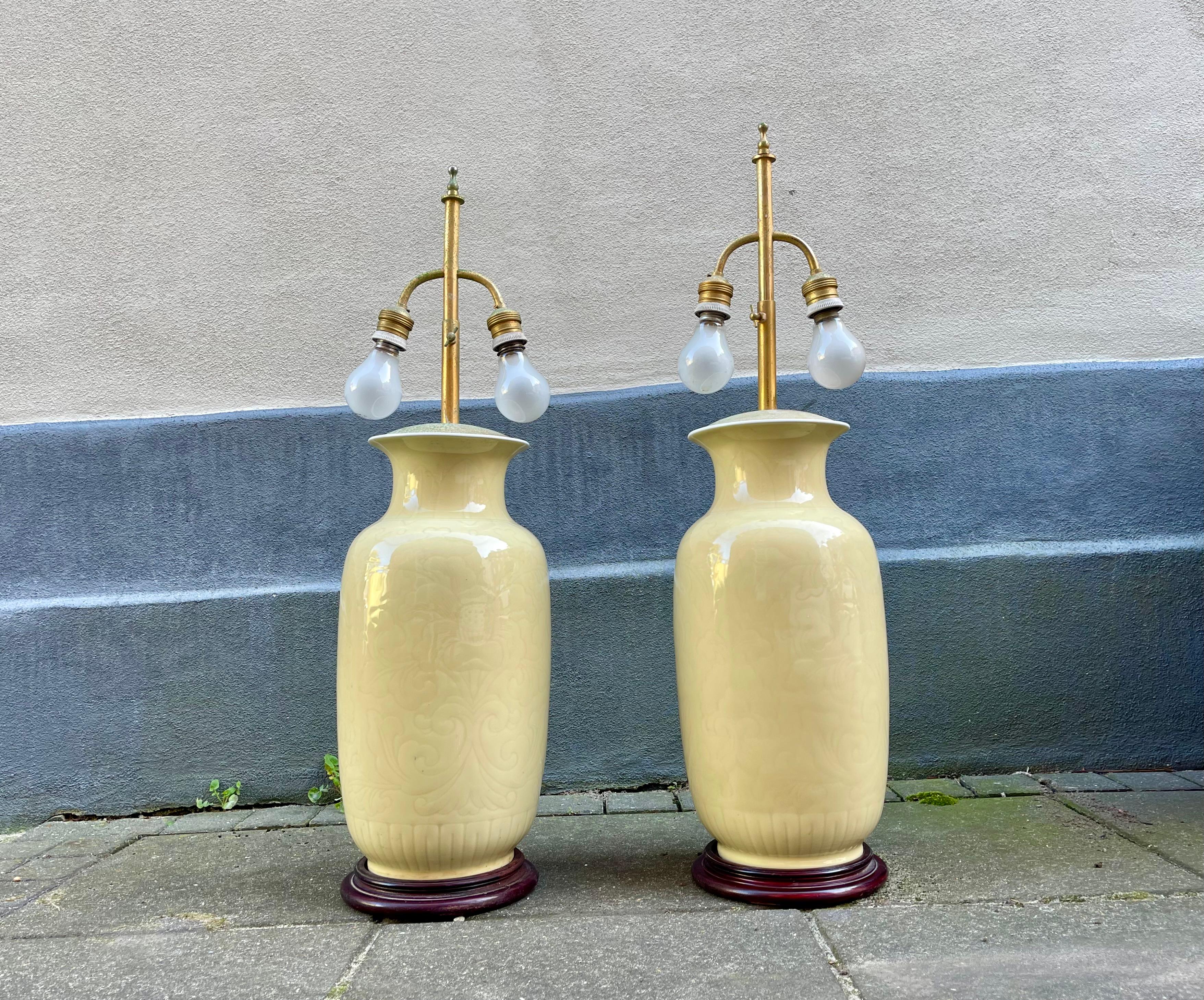 Glazed Chinese Pale Yellow Celadon Porcelain Table - Floor Lamps, Set of 2 For Sale