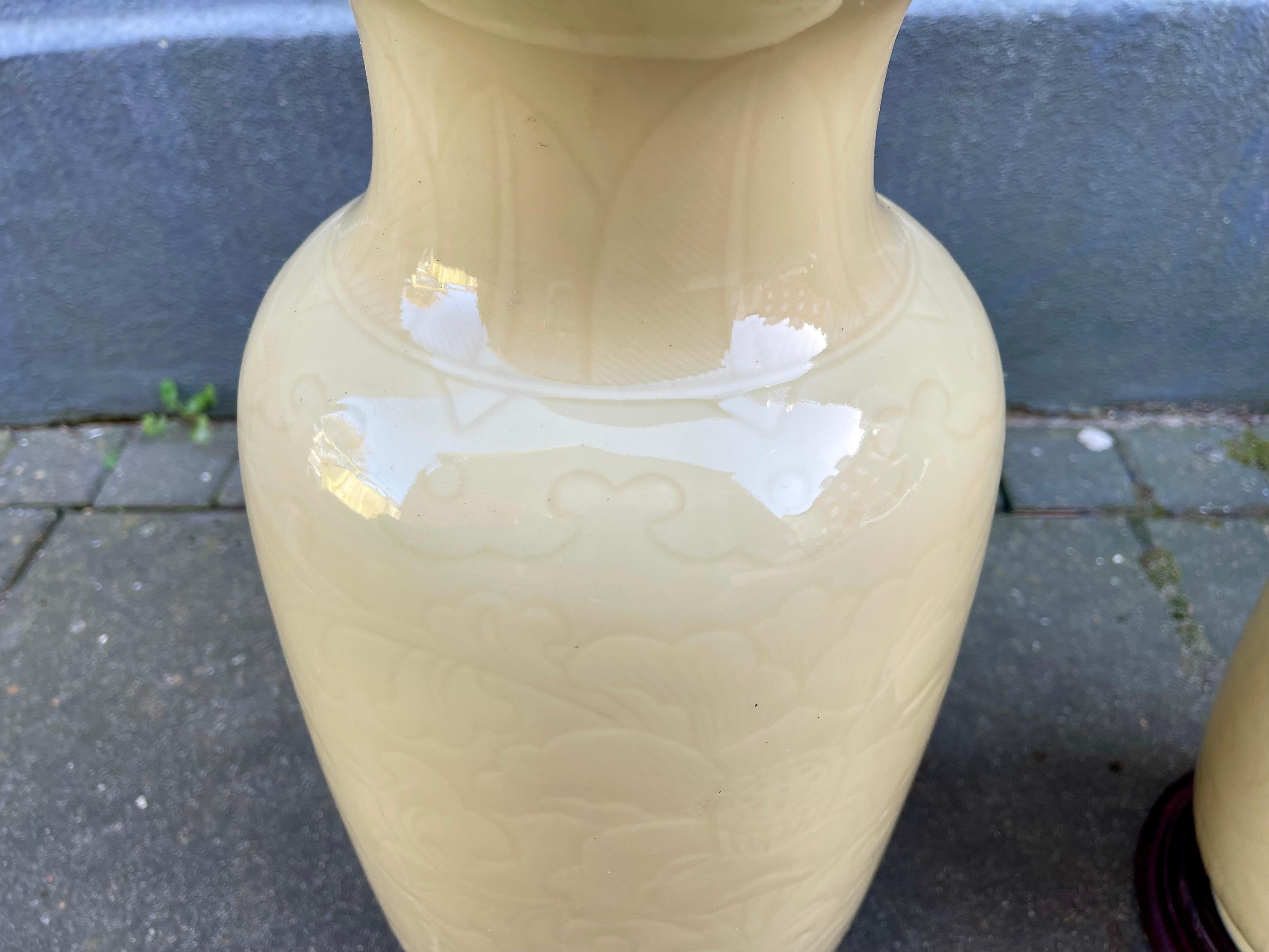 20th Century Chinese Pale Yellow Celadon Porcelain Table - Floor Lamps, Set of 2 For Sale