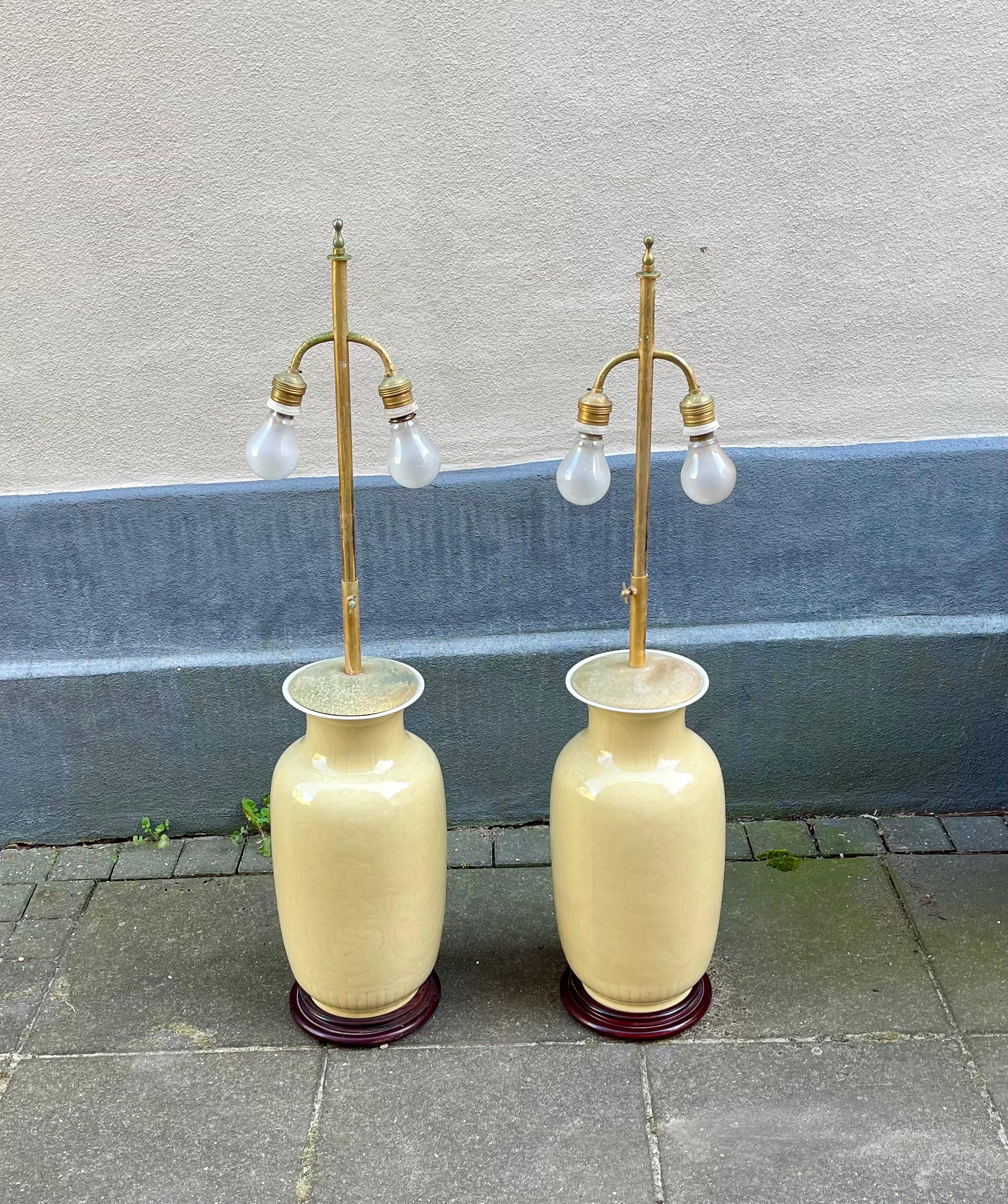 Chinese Pale Yellow Celadon Porcelain Table - Floor Lamps, Set of 2 For Sale 2