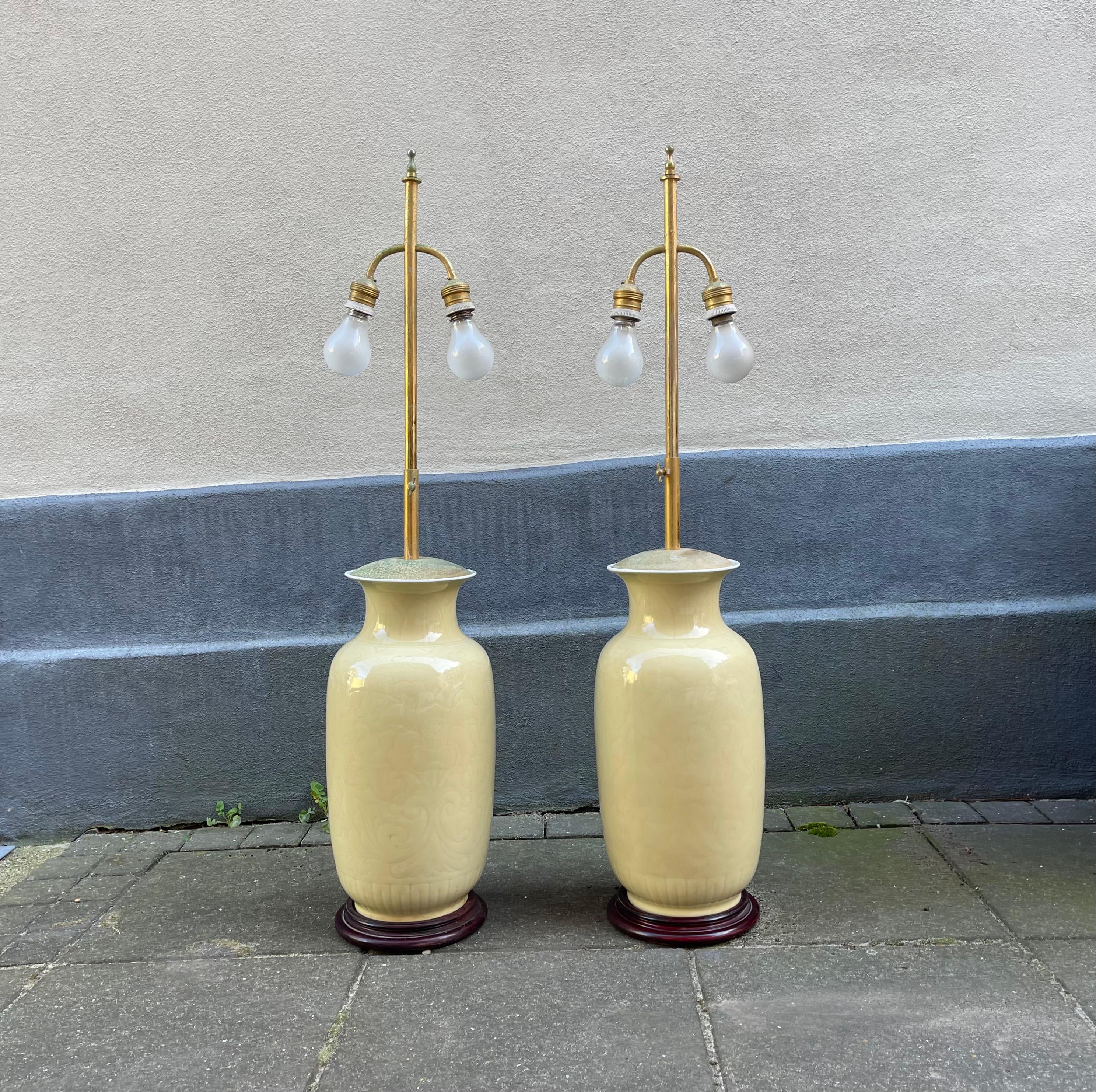Chinese Pale Yellow Celadon Porcelain Table - Floor Lamps, Set of 2 For Sale 3