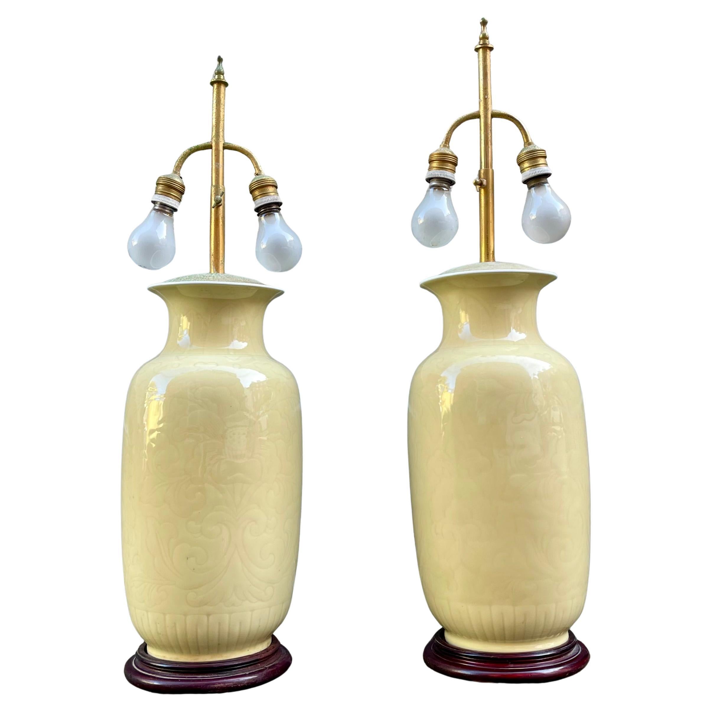 Chinese Pale Yellow Celadon Porcelain Table - Floor Lamps, Set of 2 For Sale