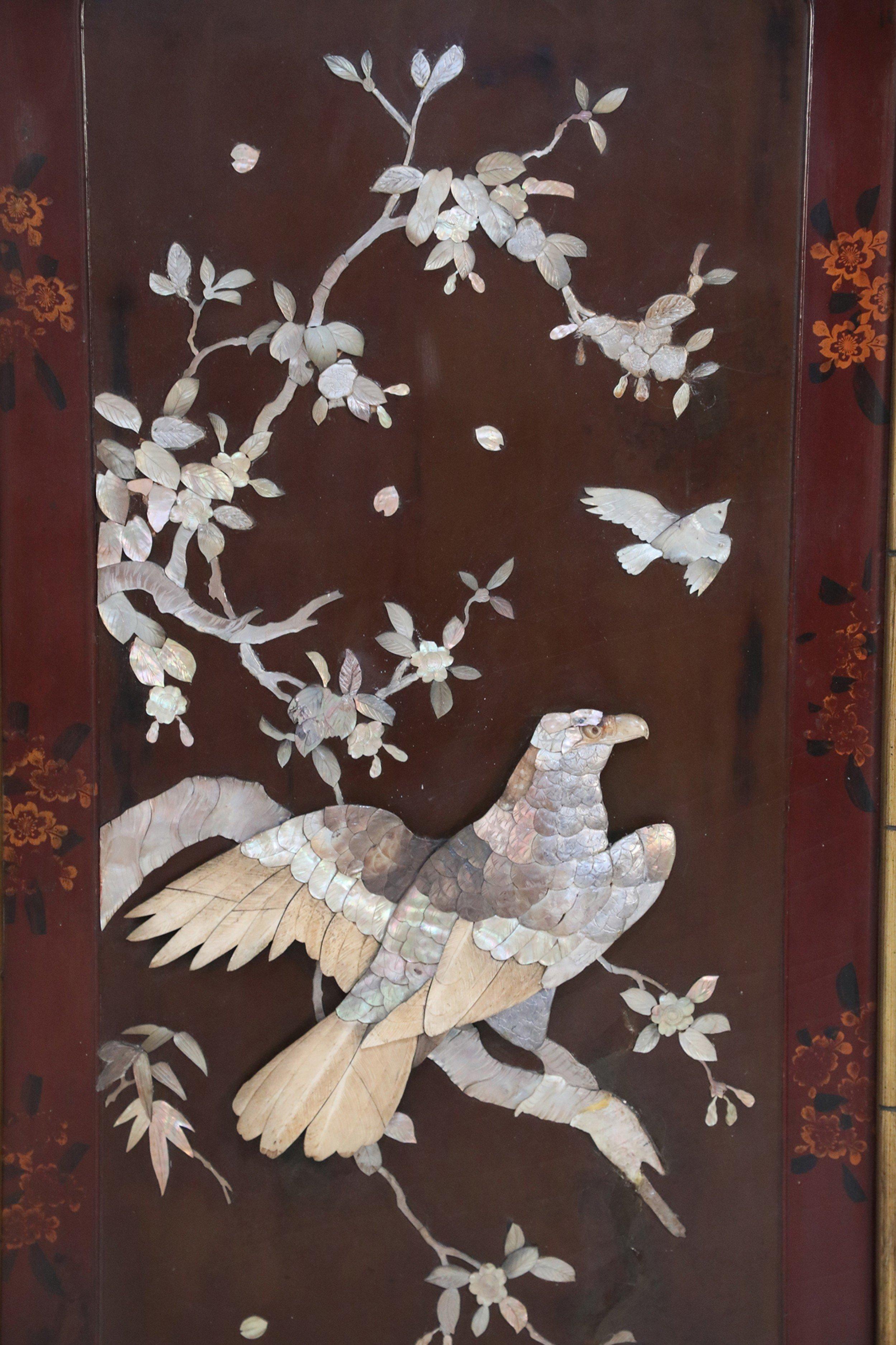 Chinese Export Chinese Panel Art Depicting Birds and Branches in Raised Mother of Pearl Pieces For Sale