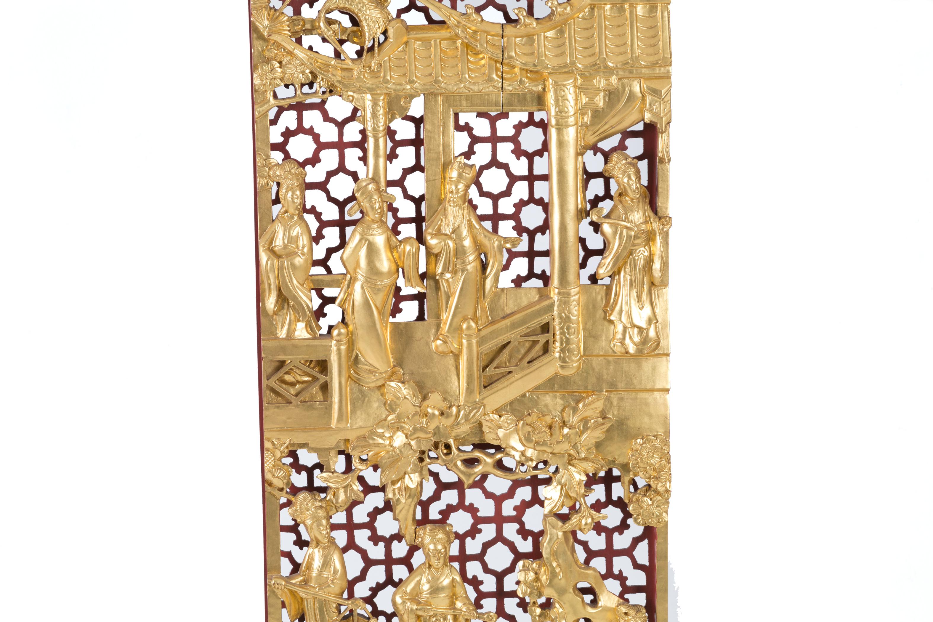 Asian Chinese Panel in Carved and Gilded Wood Depicting Scenes of Life