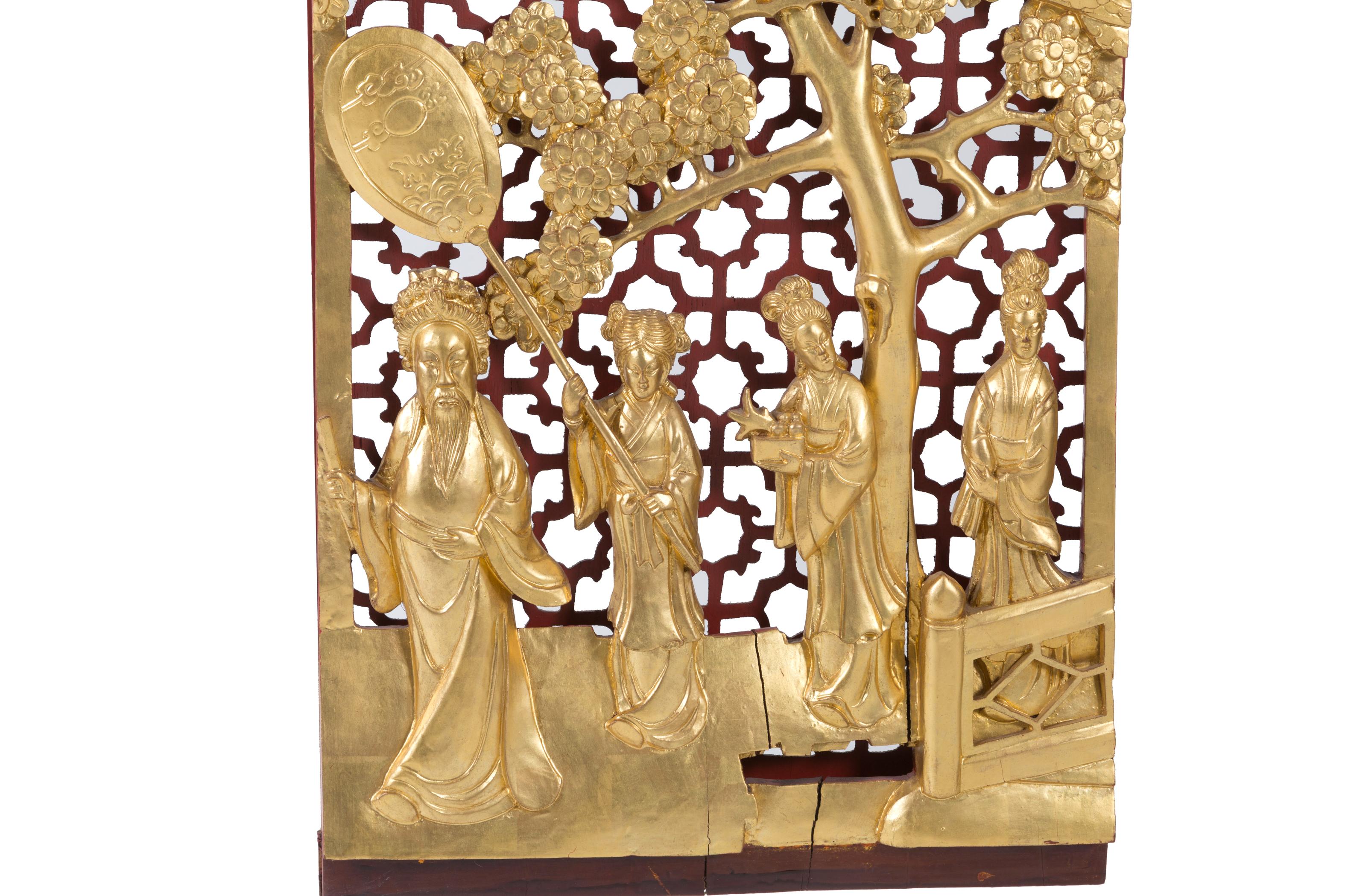 Chinese Panel in Carved and Gilded Wood Depicting Scenes of Life 2