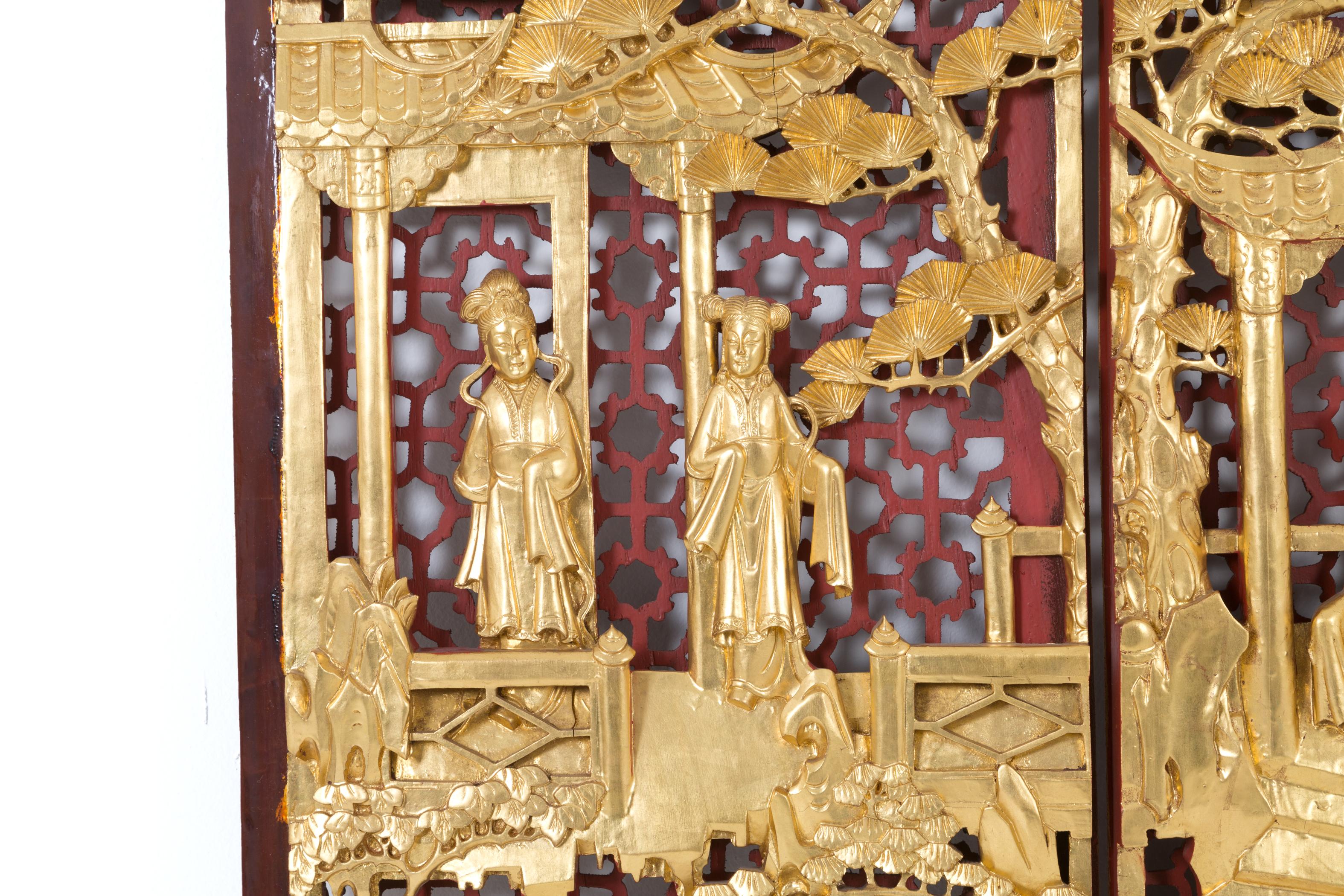 Chinese Panel in Carved and Gilded Wood Depicting Scenes of Life 3