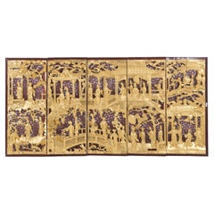Chinese Panel in Carved and Gilded Wood Depicting Scenes of Life
