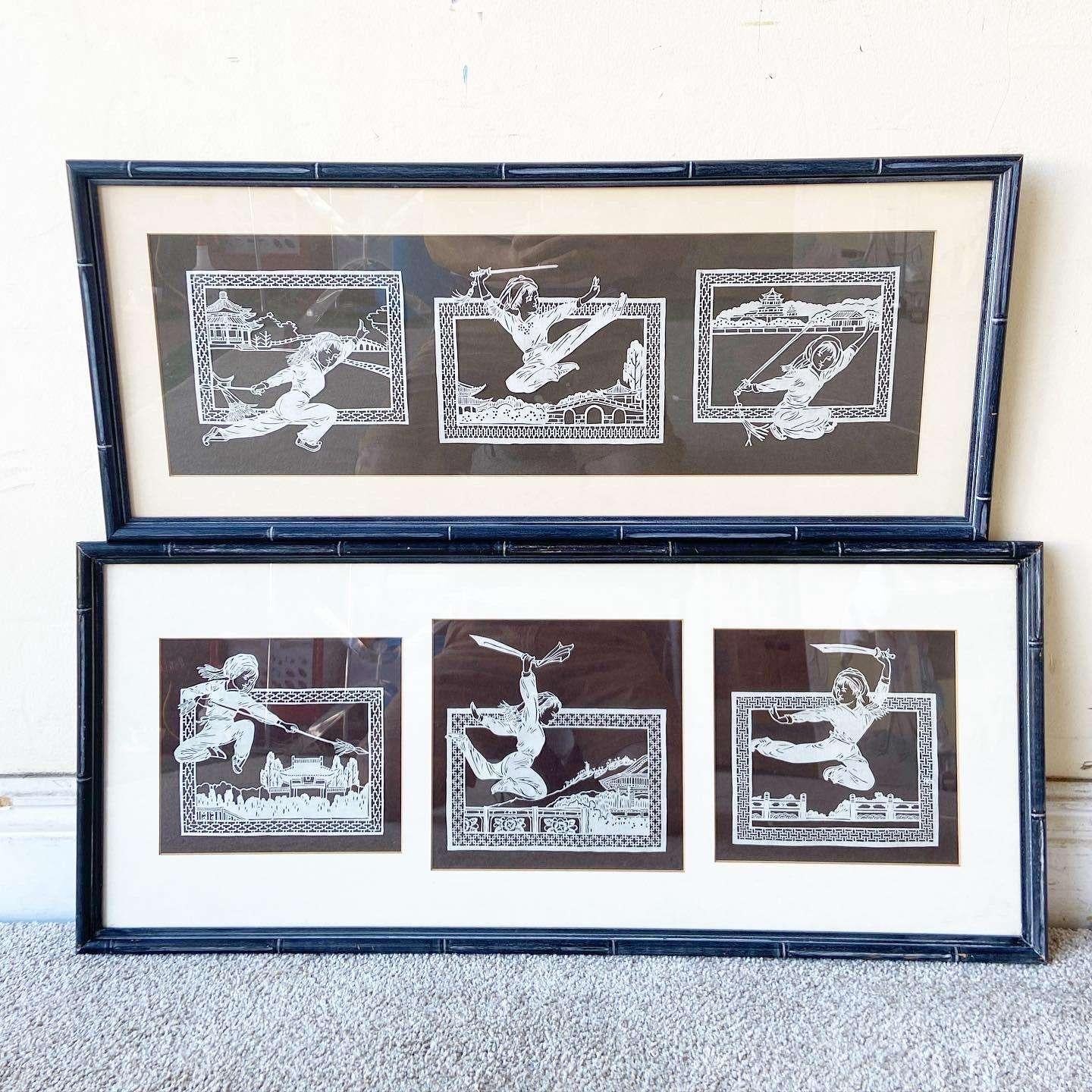 Incredible pair vintage Chinese palate cut art work. Each frame features three square depictions of ancient Chinese martial artists displaying mad skills.


Smaller measures 27.5”W, 11.5”H