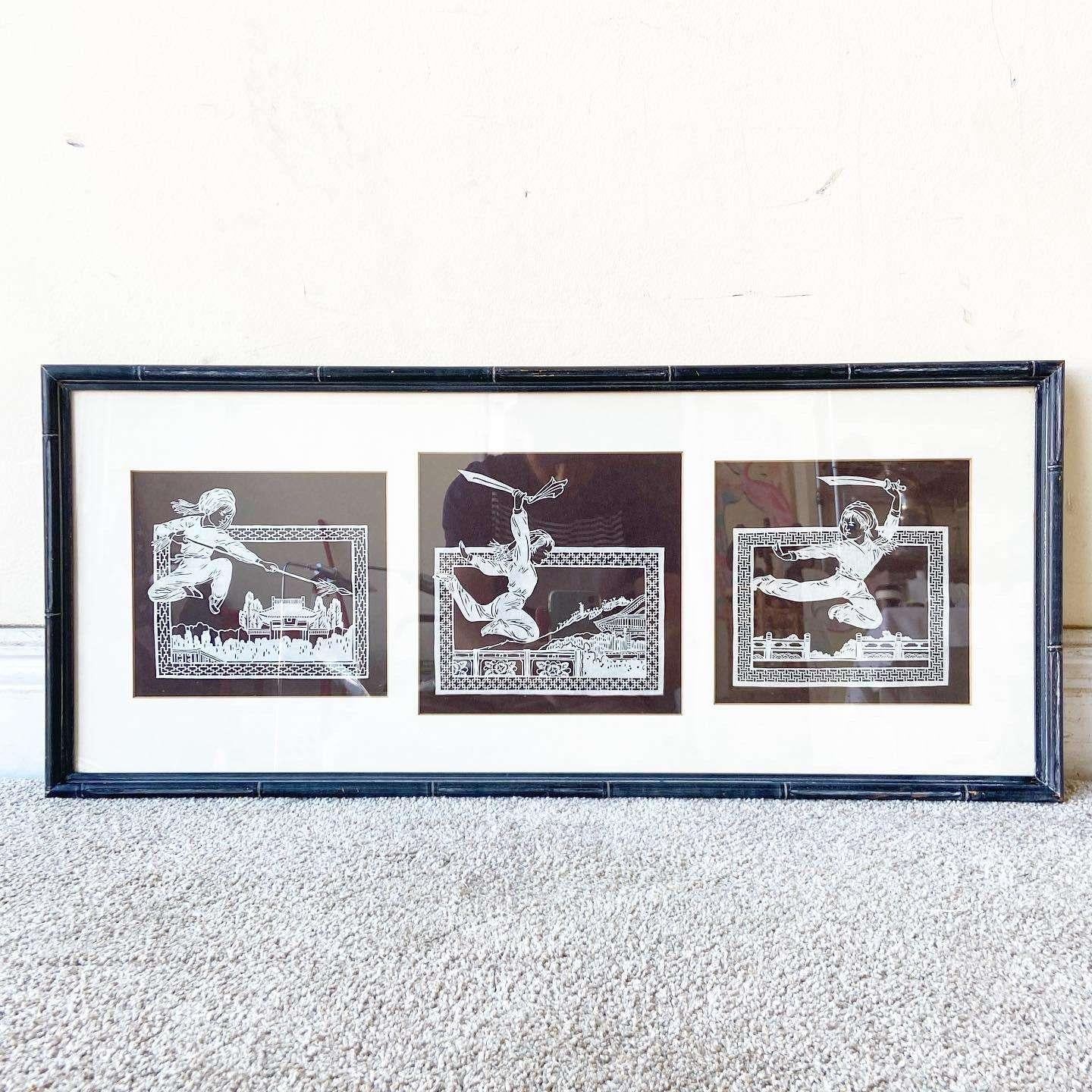 Chinese Paper Cut Framed 3 Piece Art Work - a Pair In Good Condition For Sale In Delray Beach, FL