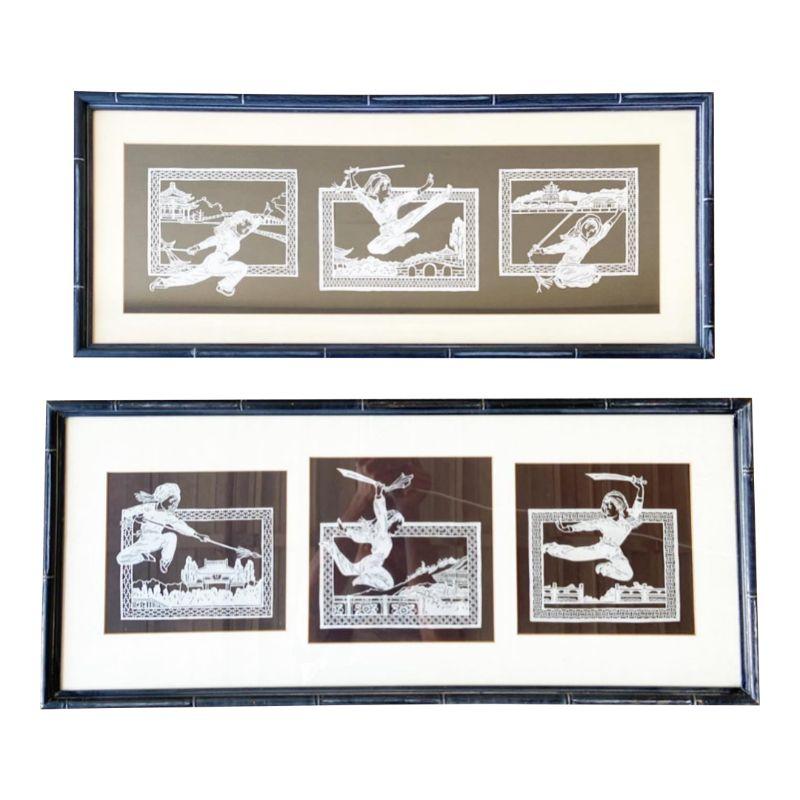 Wood Chinese Paper Cut Framed 3 Piece Art Work - a Pair For Sale