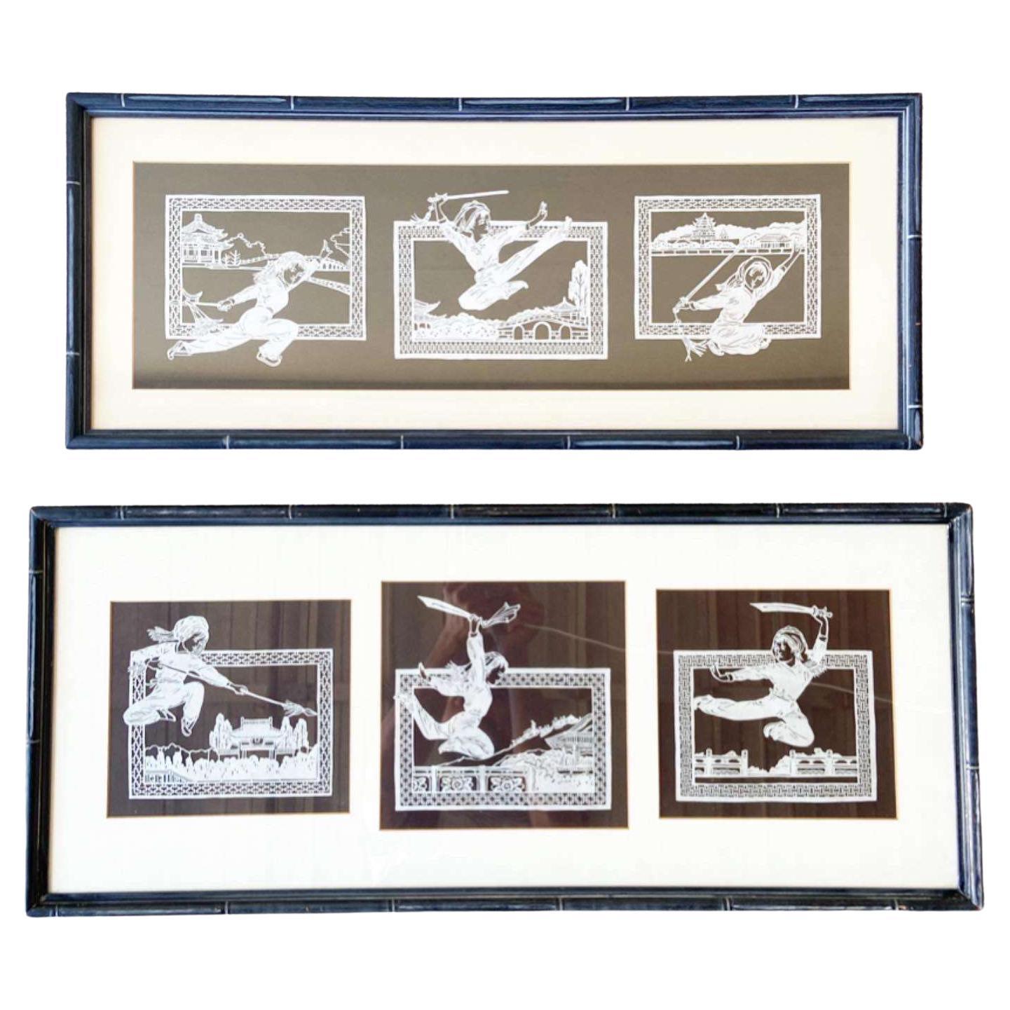 Chinese Paper Cut Framed 3 Piece Art Work - a Pair For Sale