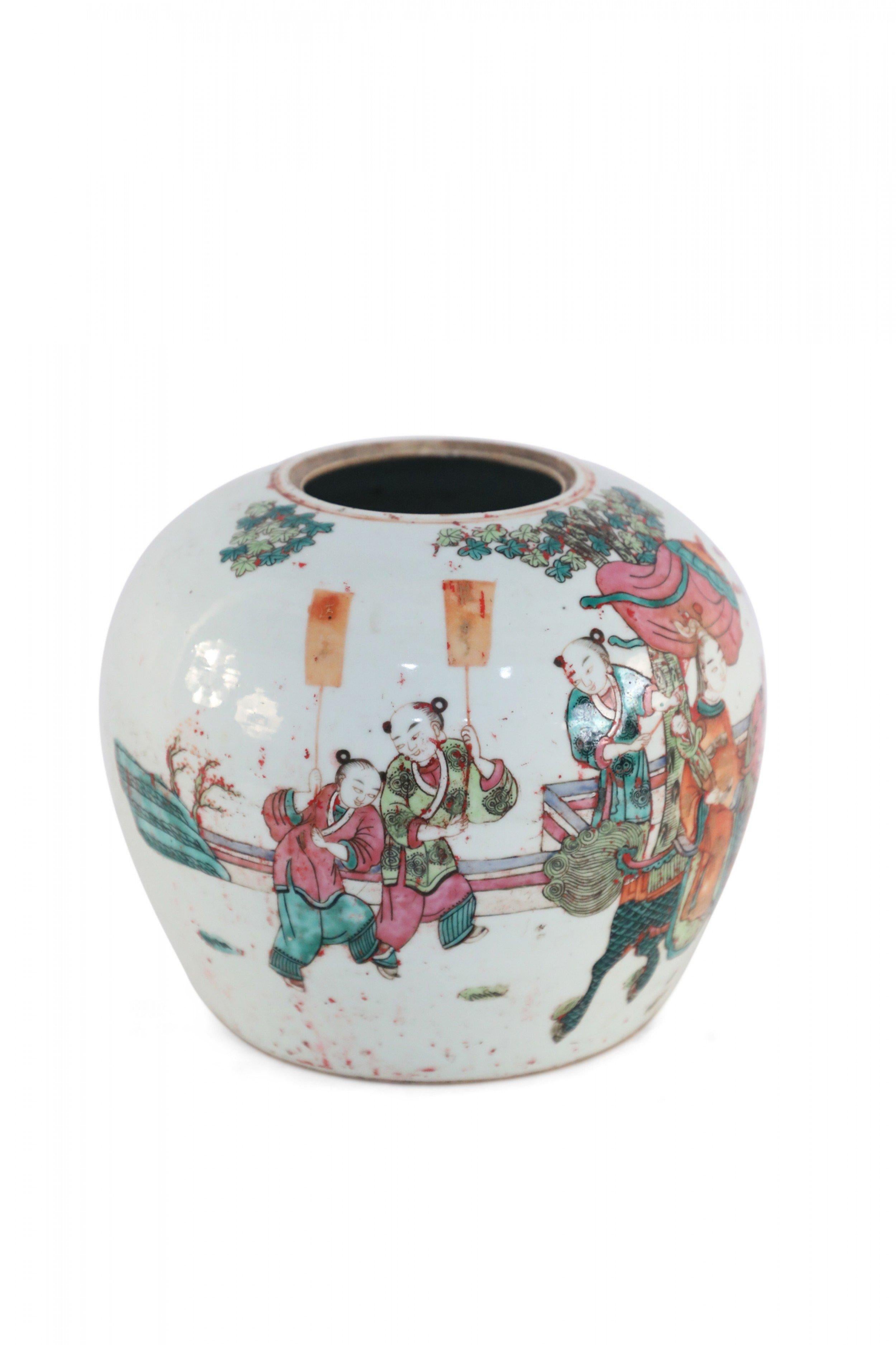 Antique Chinese (Early 20th Century) low, rounded white porcelain vase, known as a watermelon jar, depicting a spirited procession of participants holding flags and playing drums leading a woman riding a dragon, in colorful shades of magenta, orange