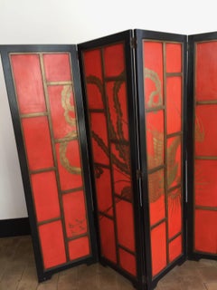 Chinoiserie Screen Art Deco Style in Colour China Red and Black Lacquer