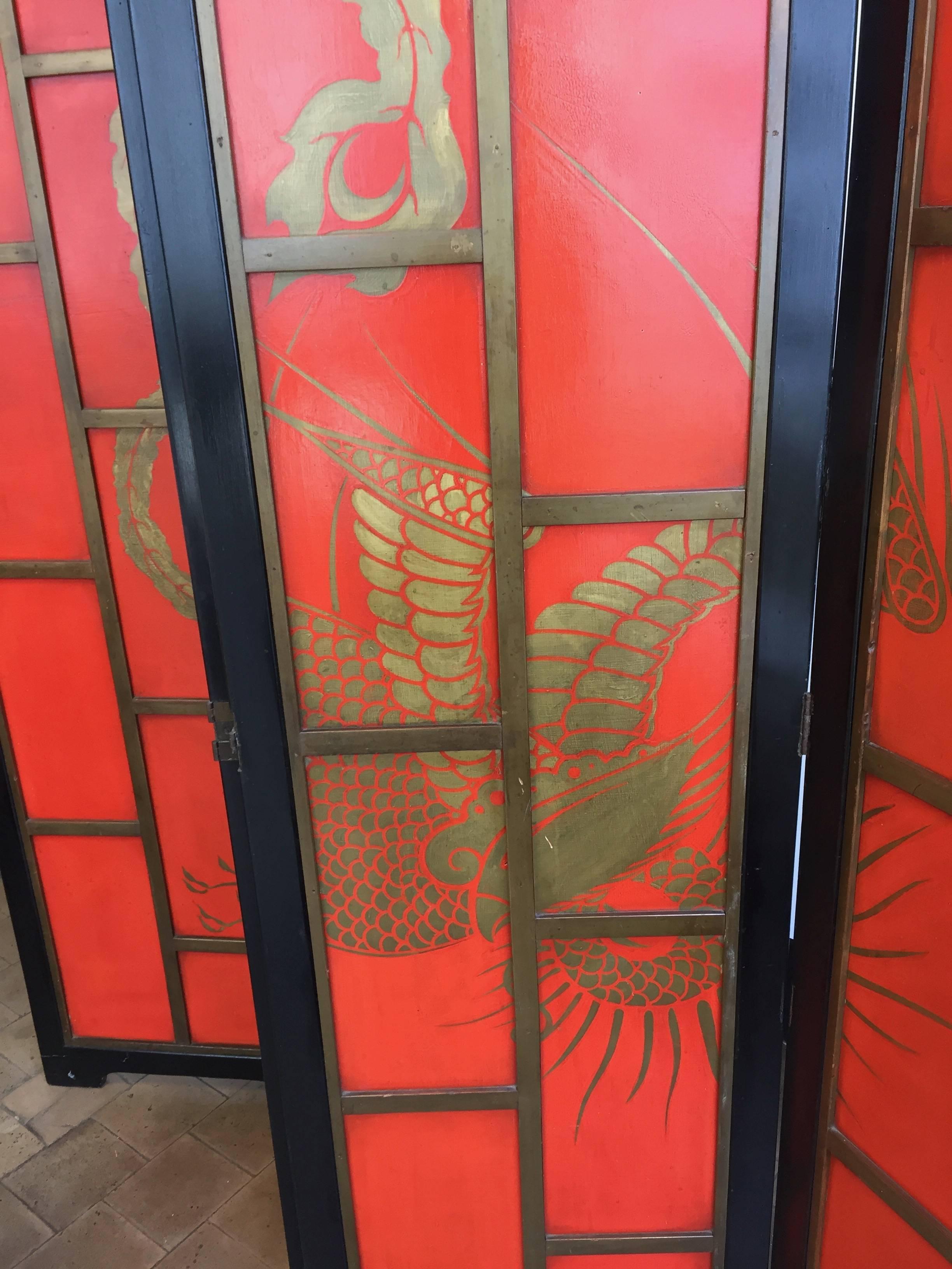 Chinoiserie-Raumteiler im Art-Déco-Stil in Farbe China Rot und Schwarz lackiert  (Chinesisch) im Angebot